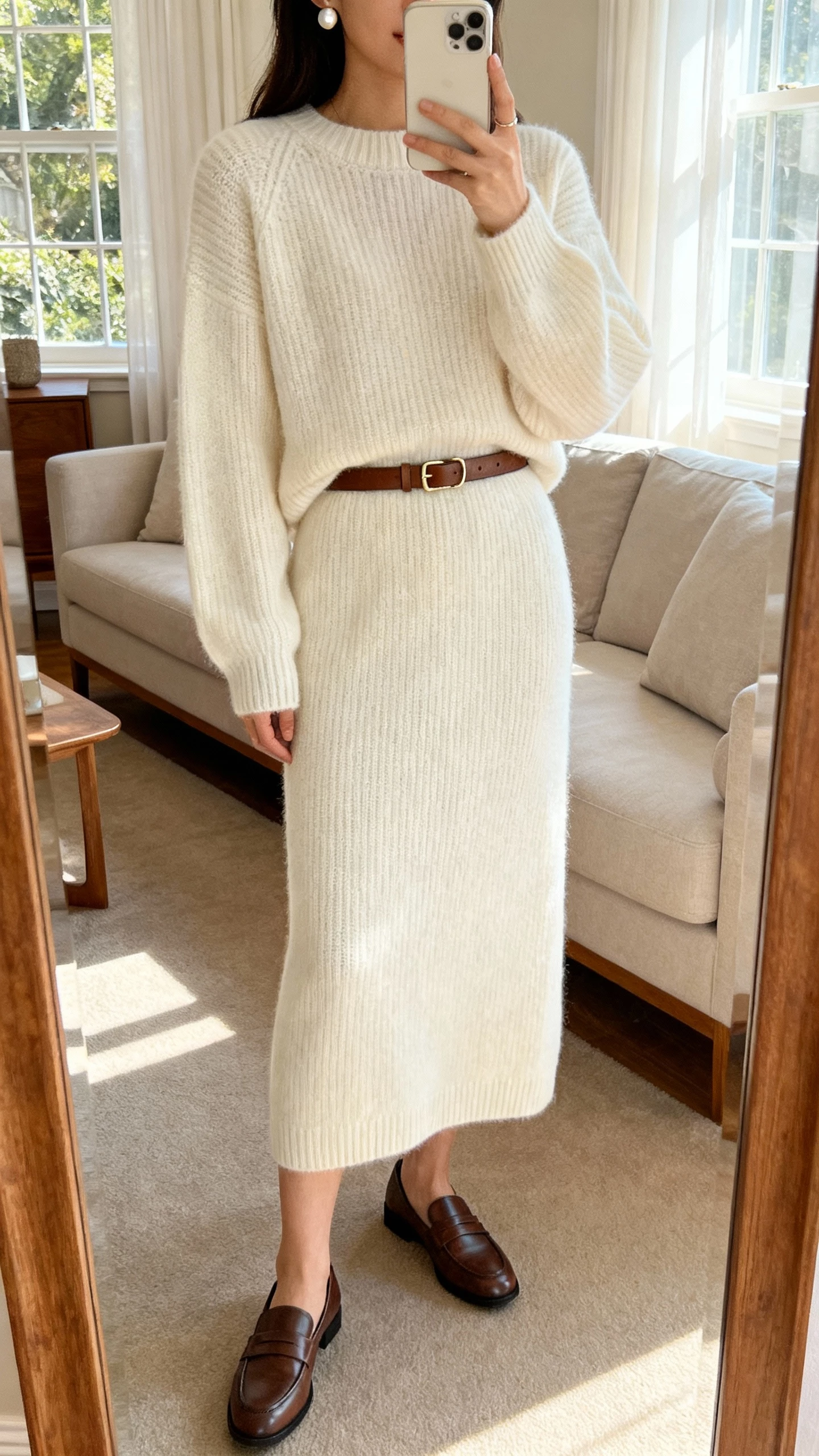 iPhone mirror selfie of a woman in a monochrome knit set (matching sweater and knit skirt), loafers, slim leather belt, pearl studs, face not visible, living room mirror, soft afternoon window light, natural iPhone photo quality.