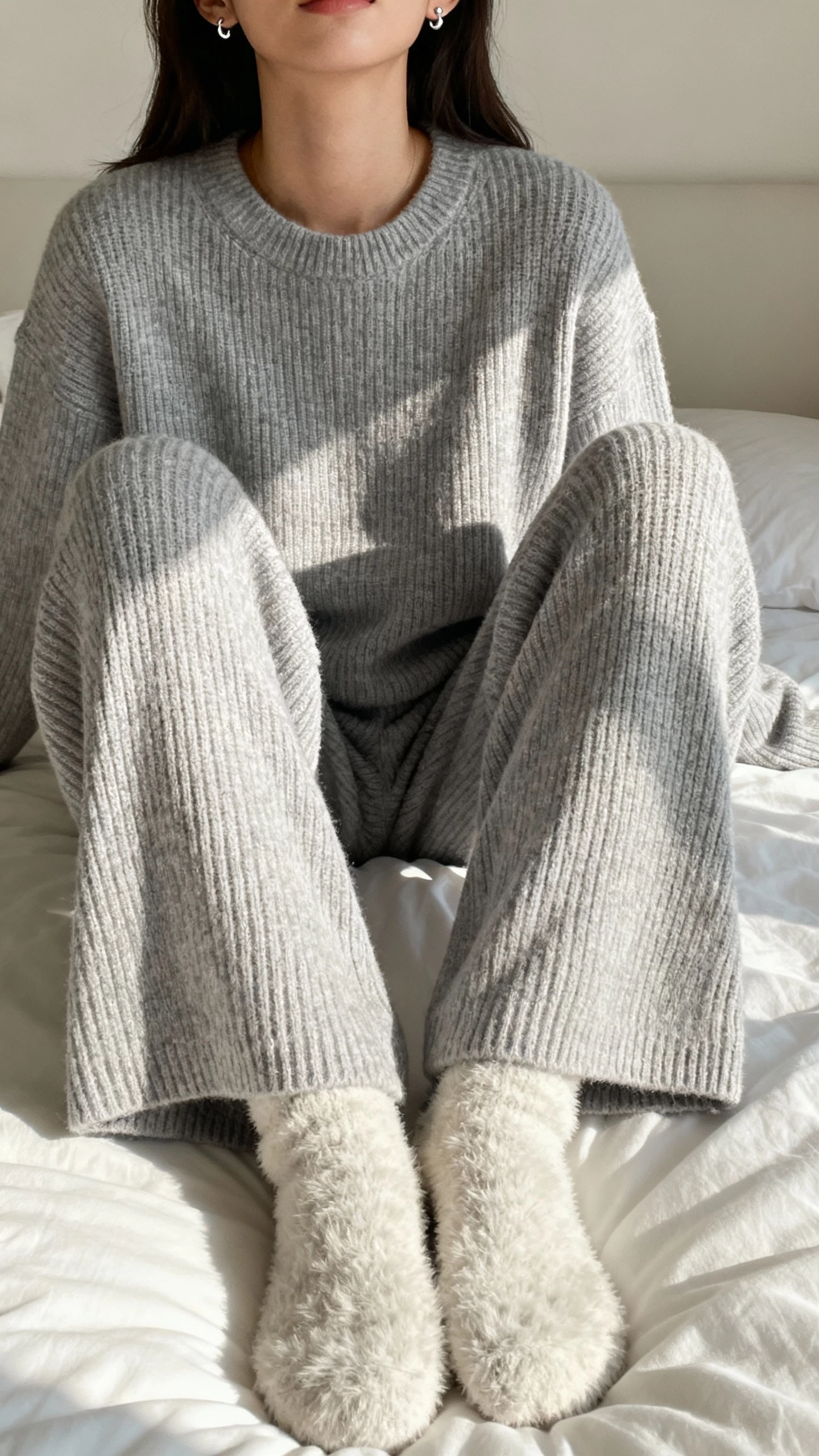iPhone mirror selfie of a woman in a monochrome knit set (matching sweater and wide-leg knit pants) with fuzzy socks and delicate studs, face not visible, cropped at neck, bedroom morning light, natural iPhone photo quality.