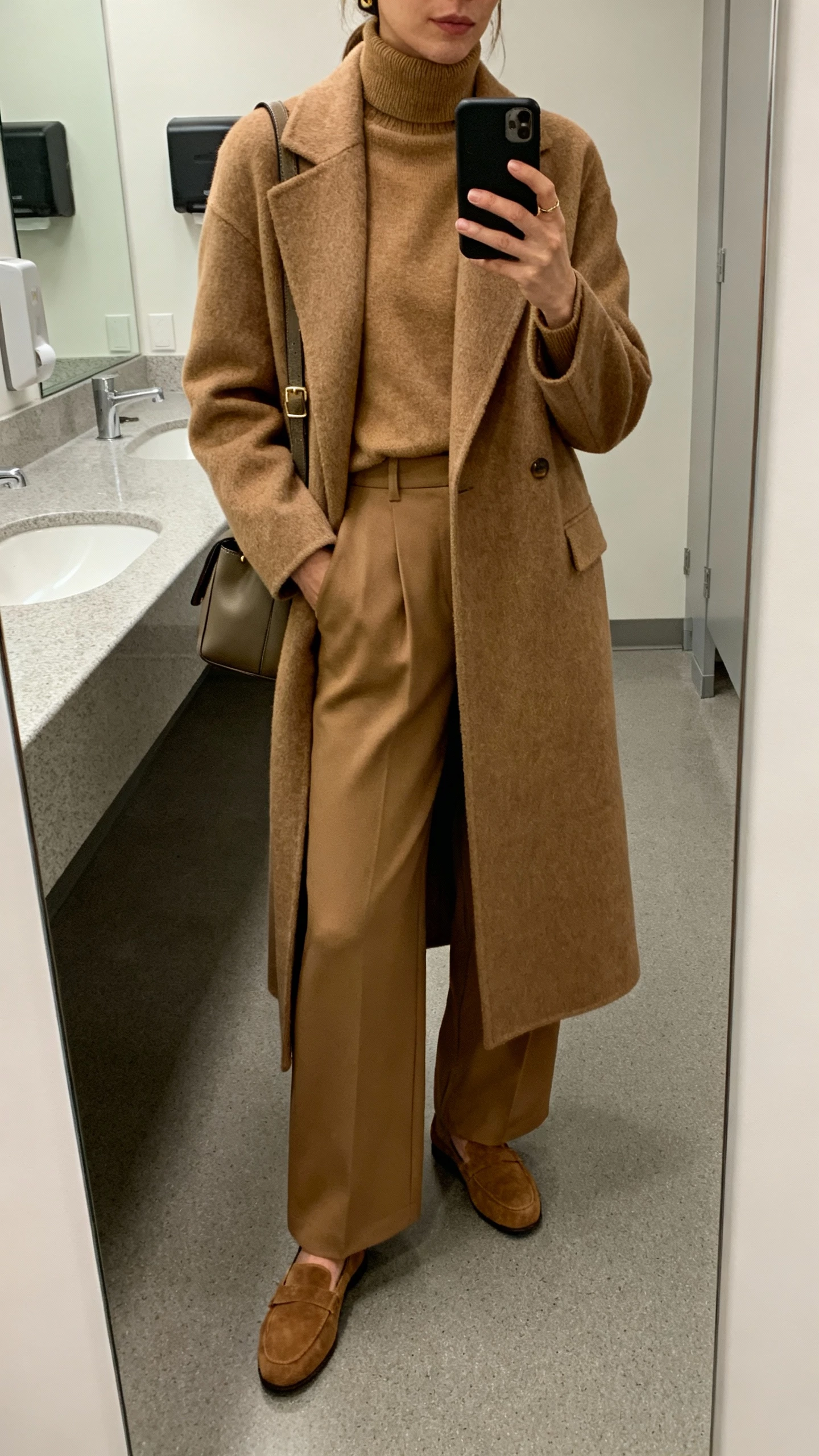 iPhone mirror selfie of a woman in a monochrome tonal look: camel turtleneck, matching wool coat, wide-leg trousers, suede loafers, and a structured bag, face not visible, cropped at shoulders, office restroom mirror, soft indoor lighting, natural iPhone photo quality.