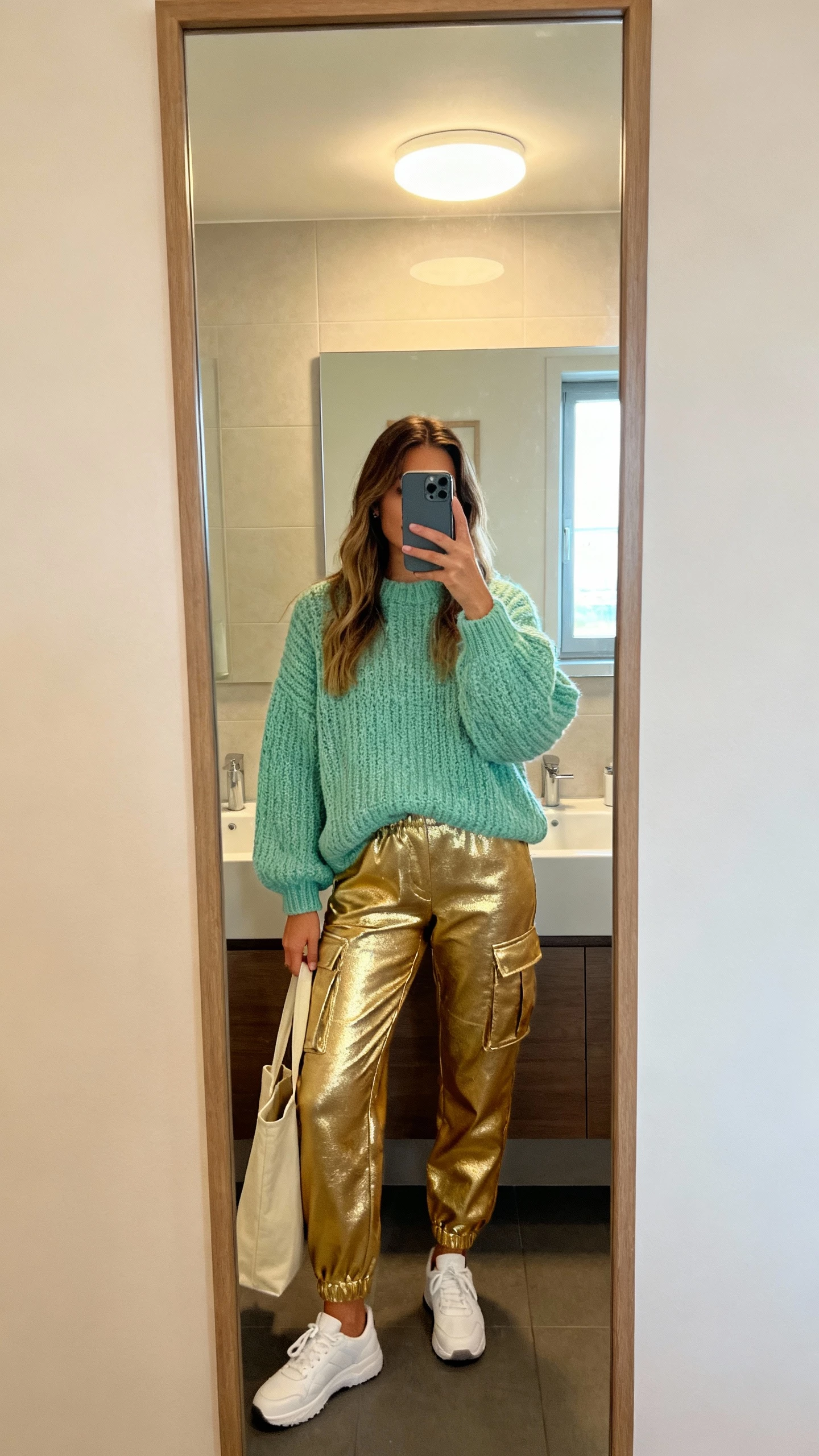 iPhone mirror selfie of a woman in a pistachio chunky sweater, gilded cargo pants, white trainers, and a simple tote, face not visible, bathroom mirror with overhead light and a hint of window daylight, casual iPhone photo.