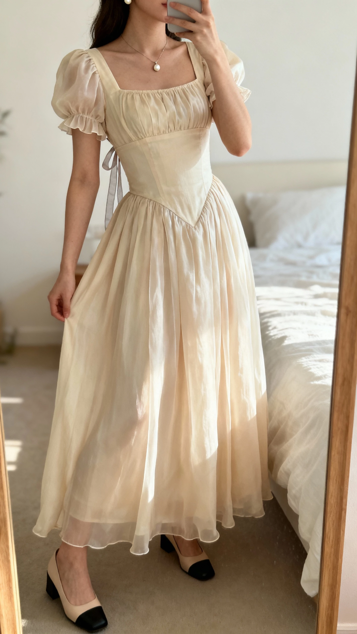 iPhone mirror selfie of a woman in a Regency-inspired empire-waist chiffon gown with a square neckline and short flutter sleeves, low block heels, simple pendant necklace, pearl studs, sheer ribbon tie at the back, face not visible, airy bedroom mirror, soft afternoon light, natural iPhone photo.