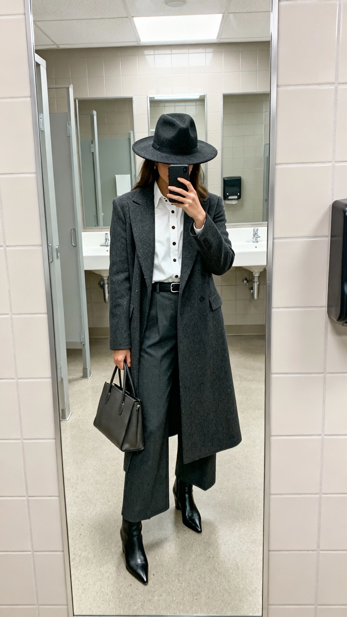 iPhone mirror selfie of a woman in a sleek felt fedora, long tailored wool coat over a crisp button-up and wide-leg trousers, pointed ankle boots, structured tote, minimal belt; face not visible, office restroom mirror, bright overhead light, natural iPhone photo.