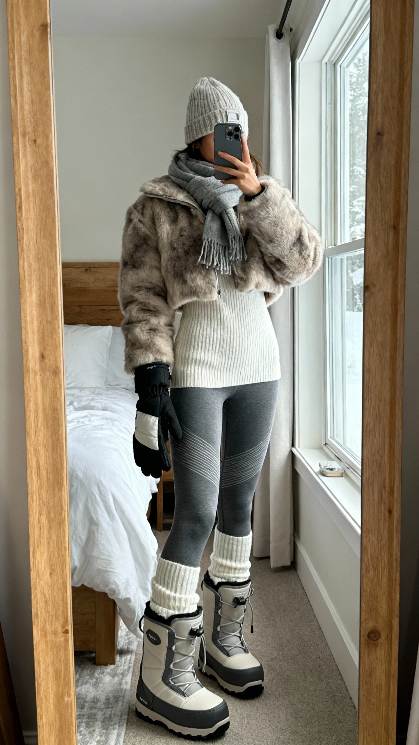 iPhone mirror selfie of a woman in a snow-lodge look: cropped faux-fur jacket, monochrome knit layers, thermal leggings, chunky Moon Boots, beanie, ski gloves, scarf, face not visible, bedroom full-length mirror, soft morning window light, natural iPhone photo quality.