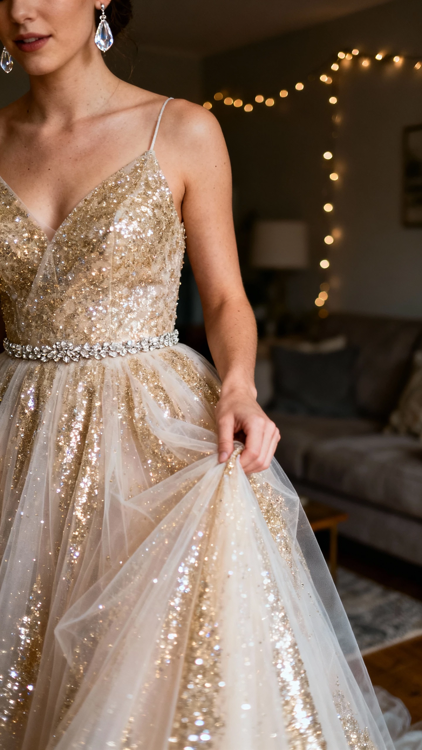 iPhone mirror selfie of a woman in a sparkly tulle A-line wedding dress covered in glittery layers, subtle beaded waistband, and crystal drop earrings, holding the skirt; face not visible, dim living room with twinkle lights, natural indoor iPhone photo.