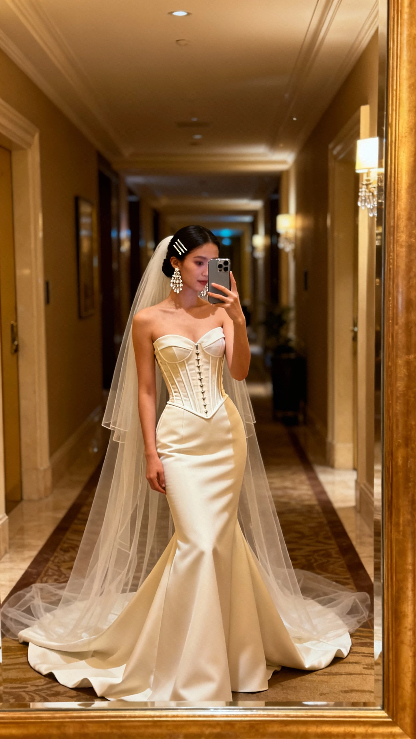 iPhone mirror selfie of a woman in a structured fit-and-flare gown with a cathedral train, cathedral-length veil, chandelier earrings, sleek hair comb, and supportive corset bodice, face not visible, grand hotel corridor mirror, warm evening light, natural iPhone quality.