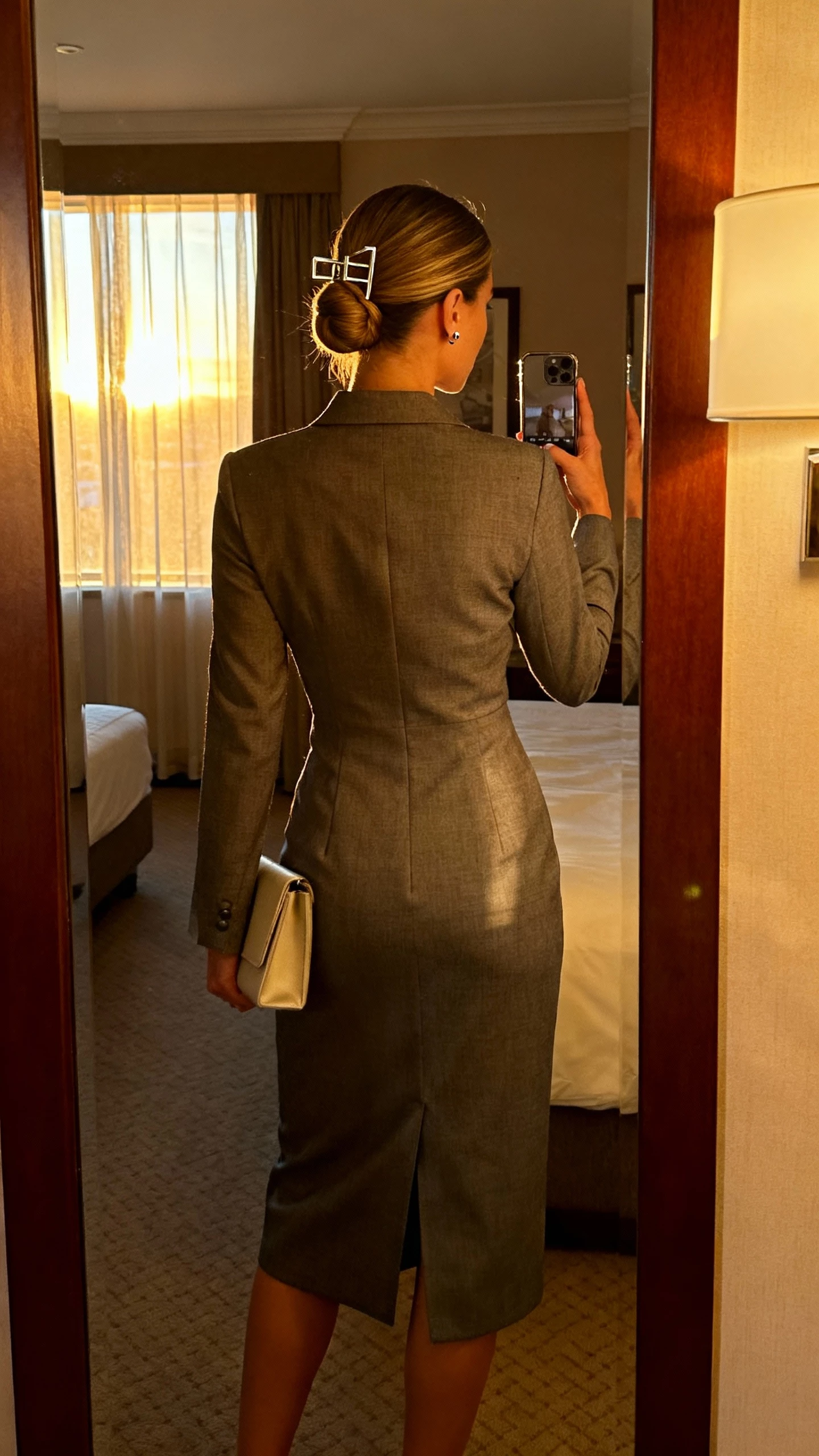 iPhone mirror selfie of a woman in a tailored midi dress, polished French twist with a sleek finish and modern metal hairpin, minimalist clutch and stud earrings, face not visible, hotel room mirror, early evening window light, natural iPhone photo quality.