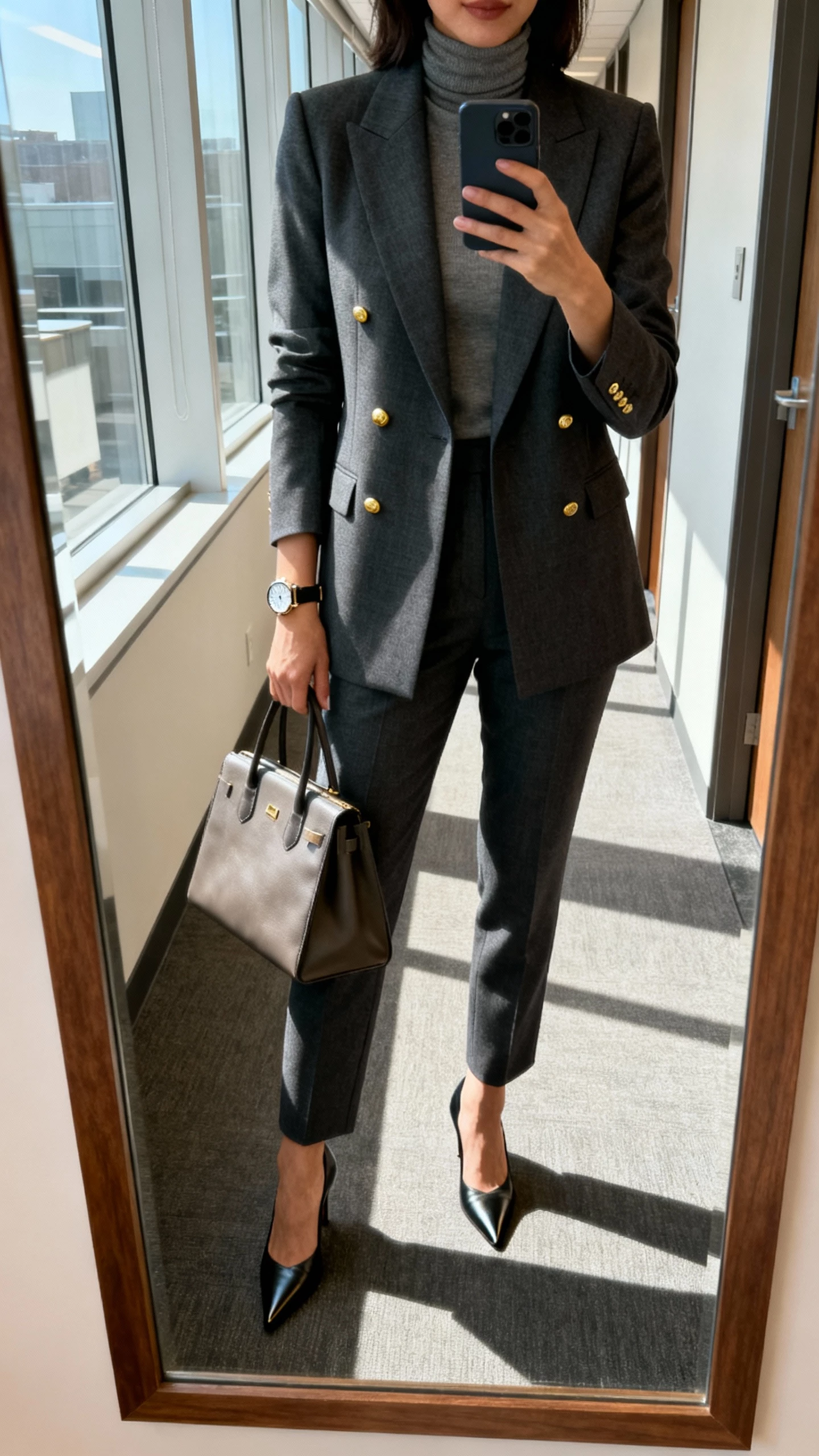 iPhone mirror selfie of a woman in a tailored power suit with a slim turtleneck tucked in, pointed-toe heels, structured tote, simple gold studs and watch, face not visible, cropped at neck, office hallway mirror, morning window light, natural iPhone photo quality.