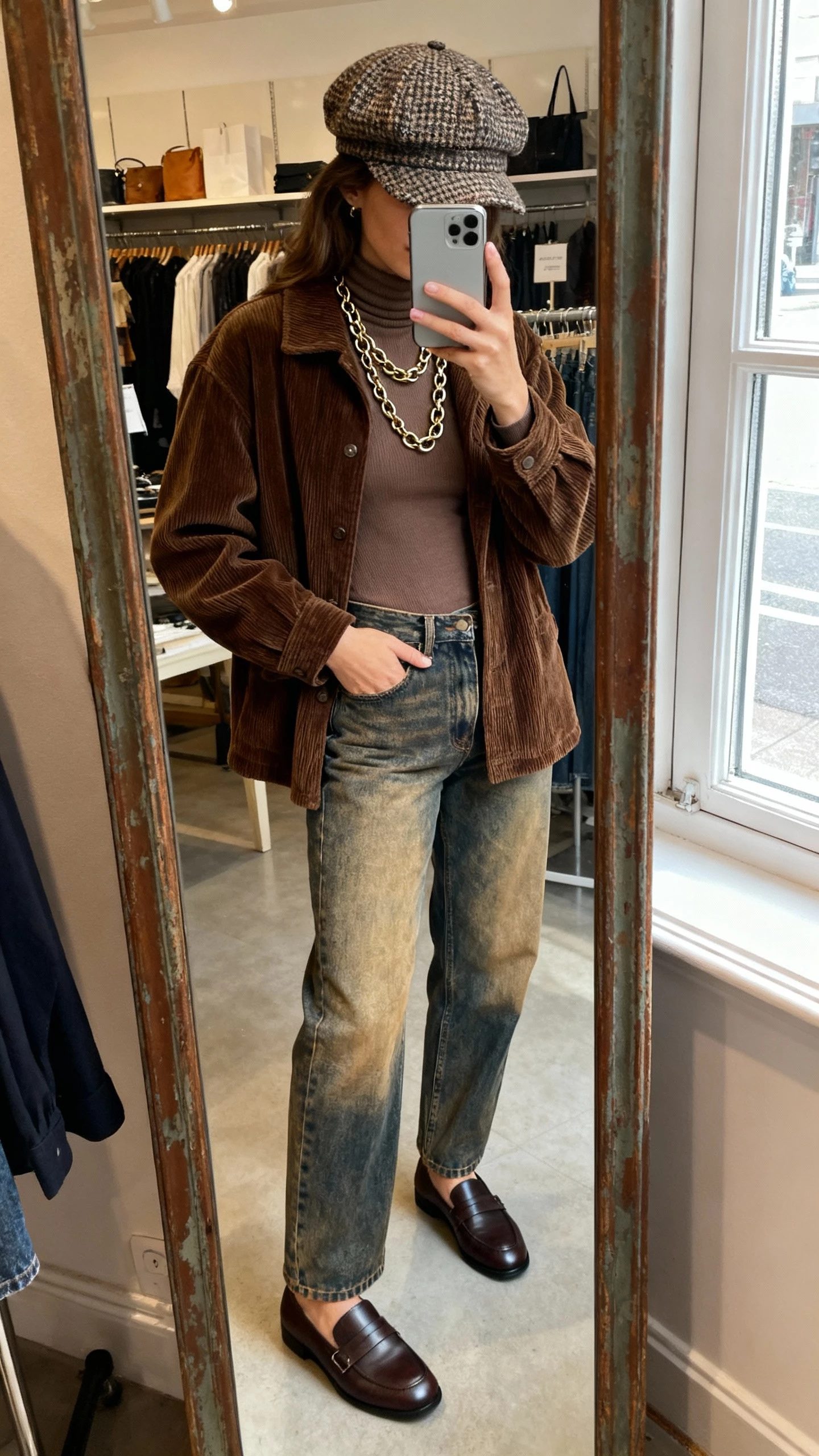 iPhone mirror selfie of a woman in a tweed newsboy cap, corduroy jacket over a fitted turtleneck, vintage-wash jeans, loafers, and layered chain necklaces; face not visible, vintage store mirror, natural window light, iPhone photo quality.