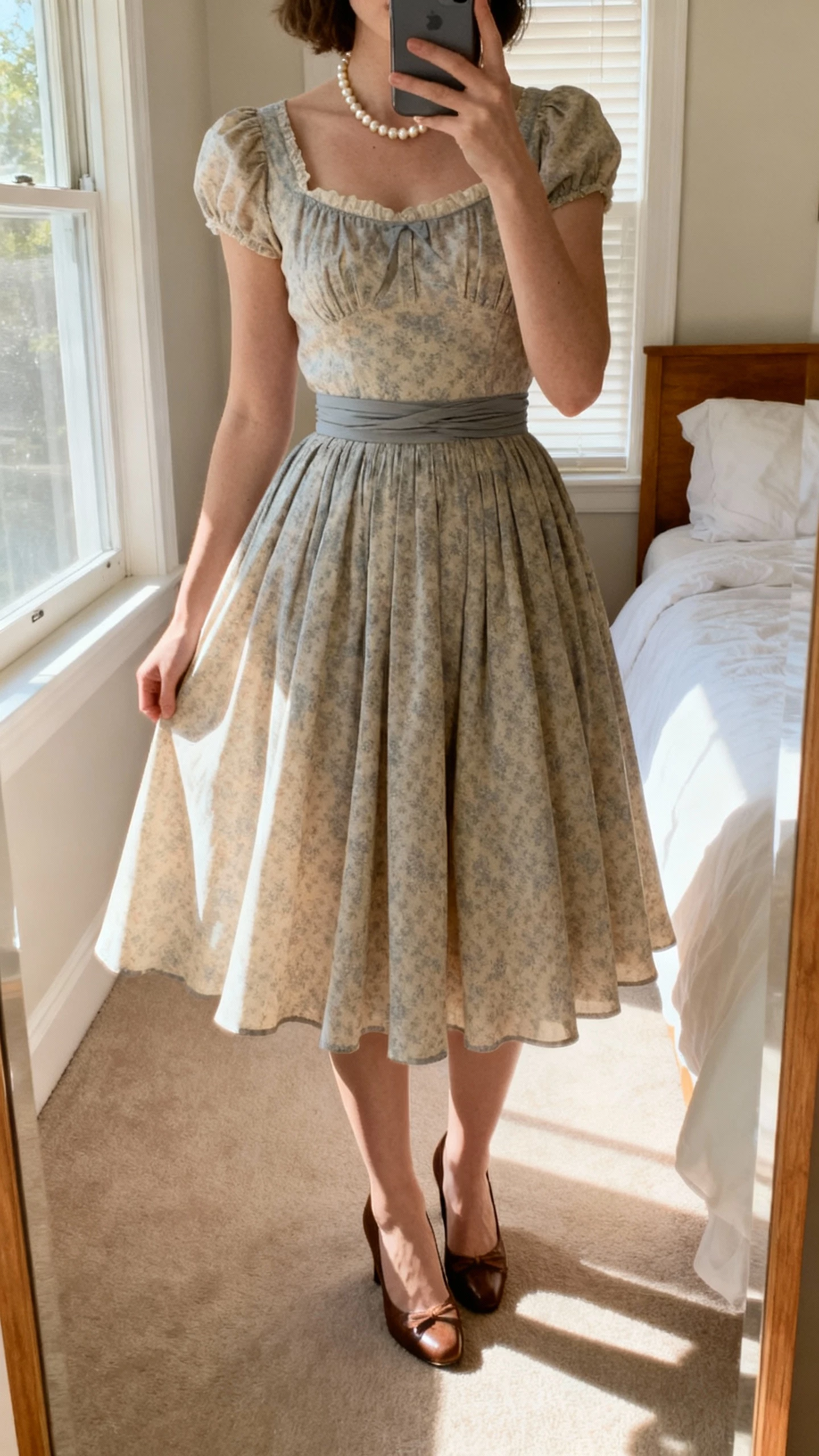 iPhone mirror selfie of a woman in a vintage-inspired tea-length dress with a swingy skirt, cinched waist, retro pumps, pearl necklace, face not visible, bedroom mirror, morning window light, natural iPhone photo quality