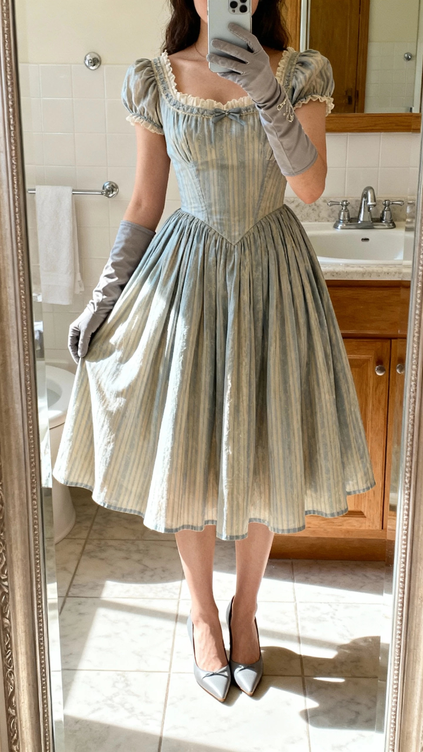 iPhone mirror selfie of a woman in a vintage-inspired tea-length dress with a swing skirt, wrist-length gloves and kitten heels, face not visible, bathroom mirror, bright indoor lighting, natural iPhone quality