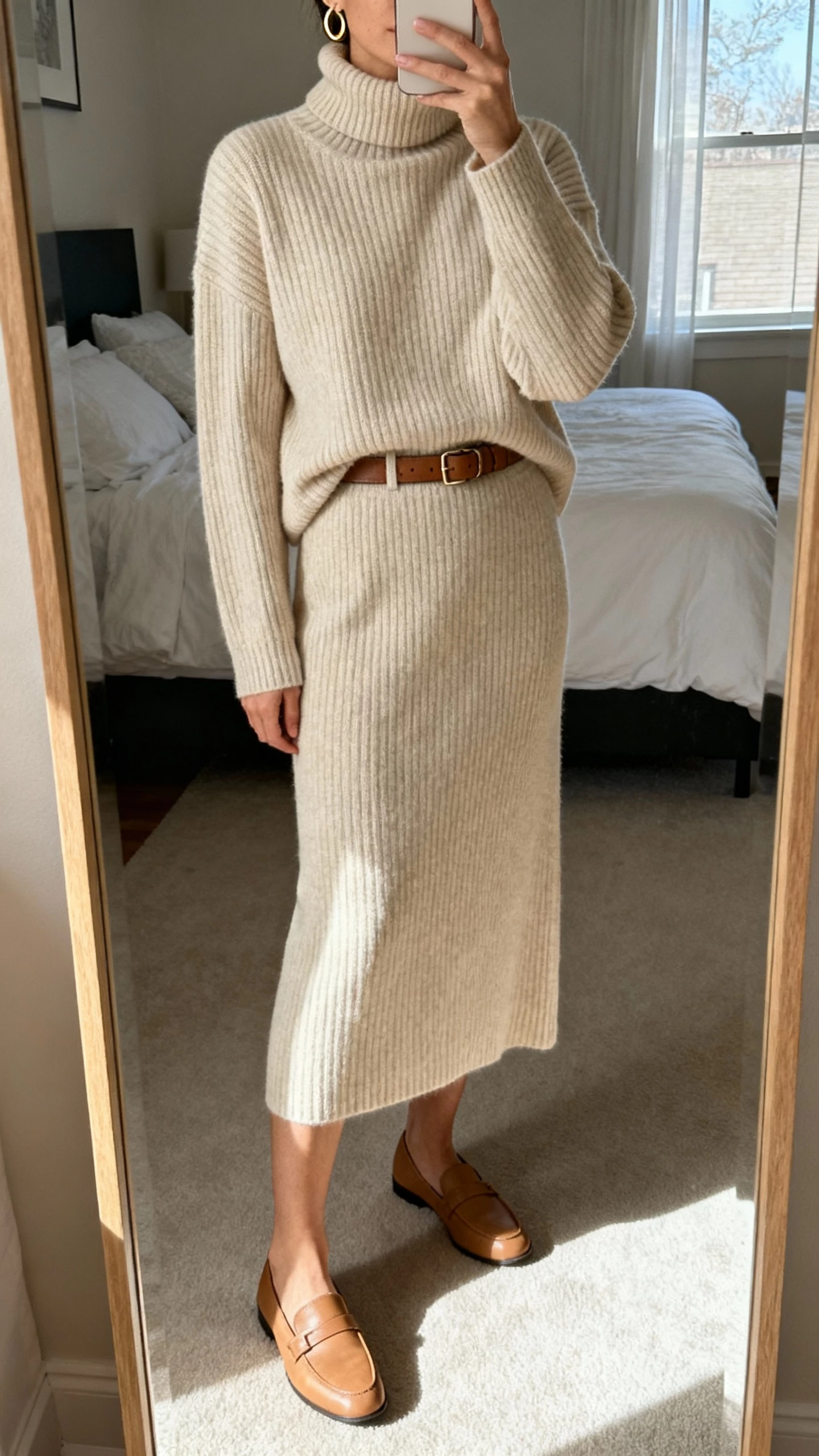 iPhone mirror selfie of a woman in an elevated monochrome knit set: beige ribbed turtleneck sweater with matching knit midi skirt, minimal gold hoops, tan loafers, slim leather belt, face not visible, cropped at neck, bedroom mirror with morning window light, natural iPhone photo quality.