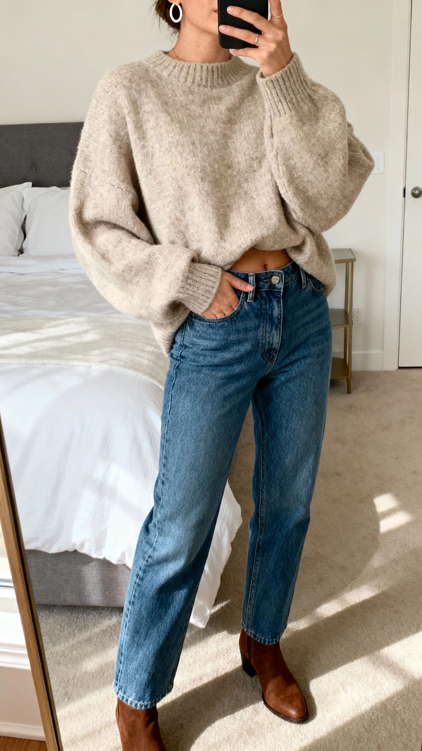iPhone mirror selfie of a woman in an oversized oatmeal sweater half-tucked into straight-leg blue jeans, brown ankle boots, simple hoop earrings, face not visible, bedroom mirror, soft afternoon light, natural iPhone quality