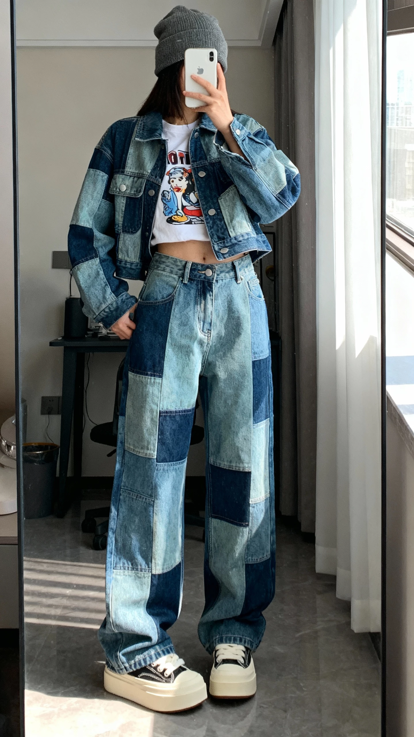 iPhone mirror selfie of a woman in patchwork denim jacket with matching patchwork high-rise jeans, graphic tee, platform sneakers, and a beanie, face not visible, cropped at shoulders, studio apartment mirror with soft daylight, casual iPhone aesthetic.