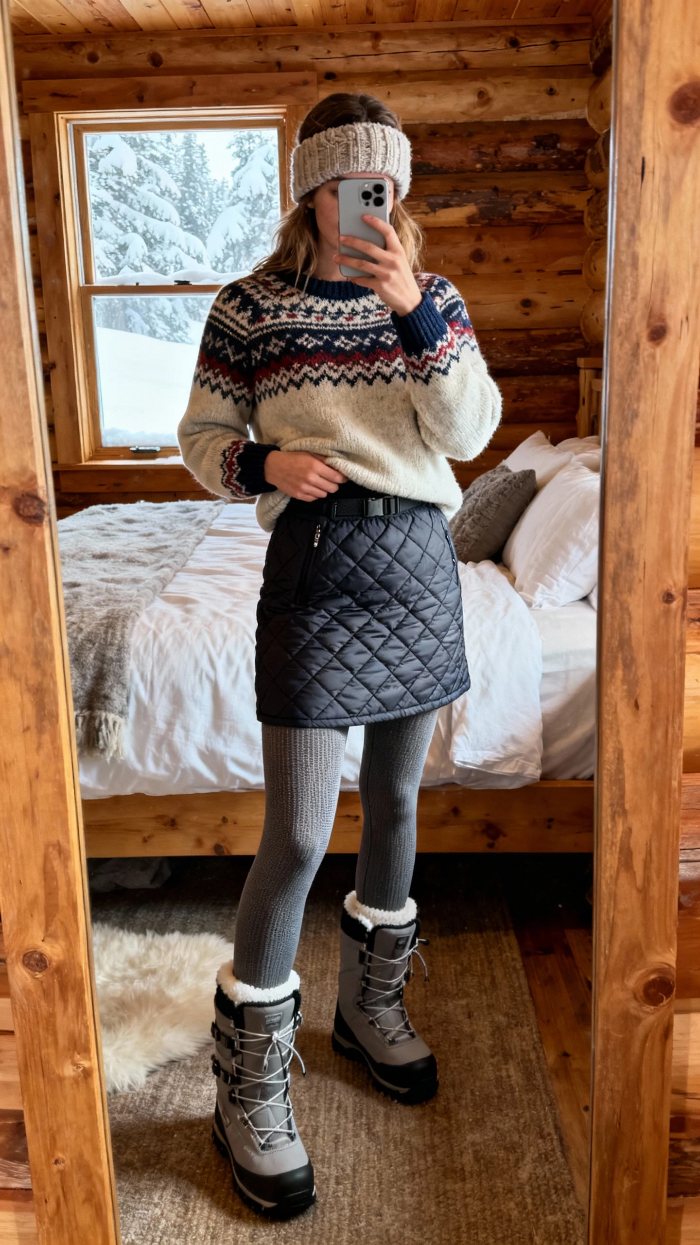 iPhone mirror selfie of a woman in ski-lodge chic: Fair Isle sweater tucked into a quilted skirt with thermal tights, winter boots, wool headband, face not visible, cabin bedroom mirror with snowy window light, natural iPhone photo quality.