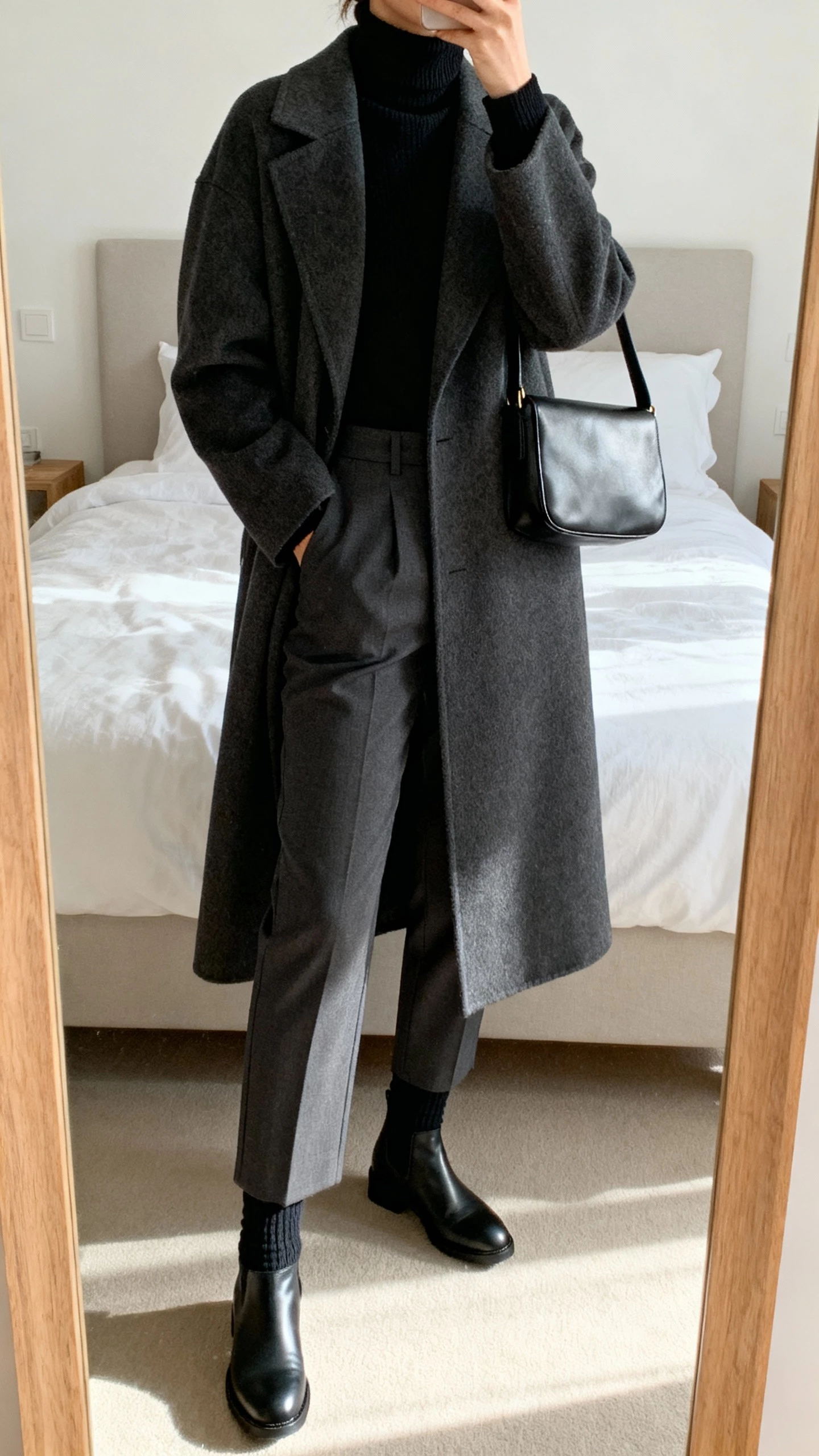 iPhone mirror selfie of a woman in sleek sock boots with a monochrome turtleneck, tailored trousers, longline coat, and minimal leather shoulder bag, face not visible, cropped at neck, minimalist bedroom mirror, soft morning light, natural iPhone aesthetic.