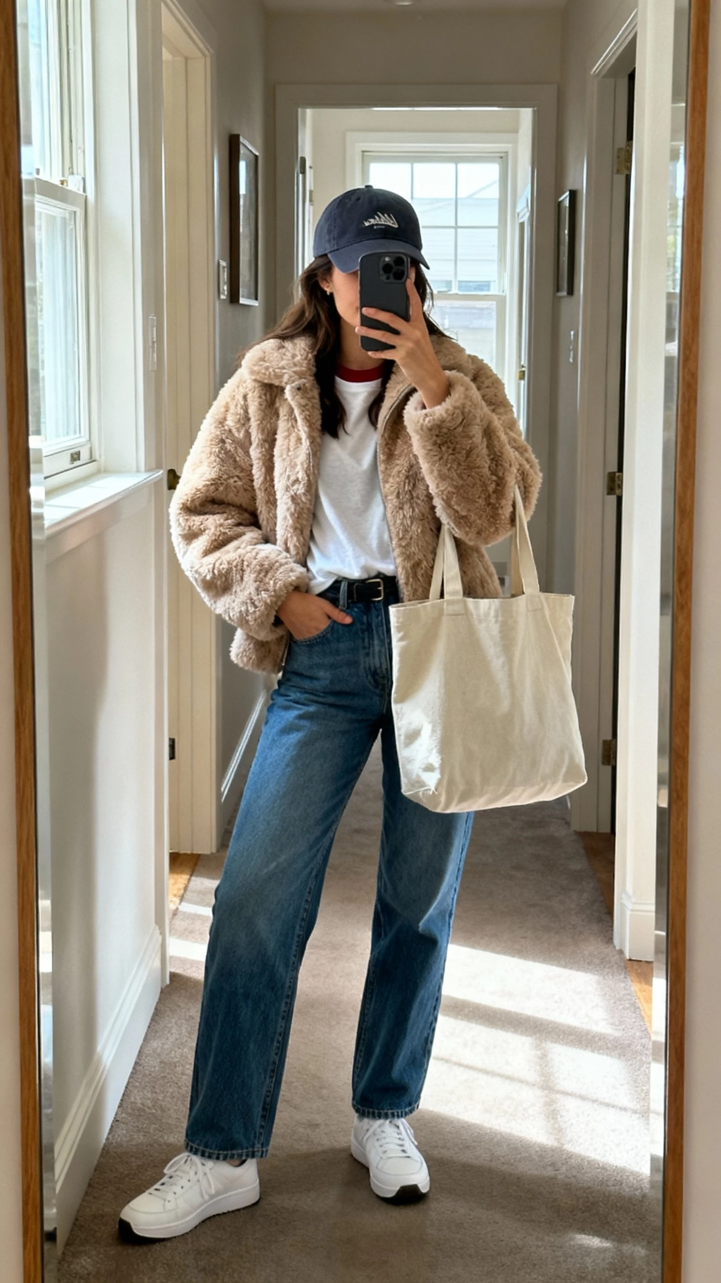 iPhone mirror selfie of a woman in teddy fur jacket, straight-leg blue denim, white sneakers, canvas tote, baseball cap, layered tee, face not visible, apartment hallway mirror, daylight from window, natural iPhone photo quality.