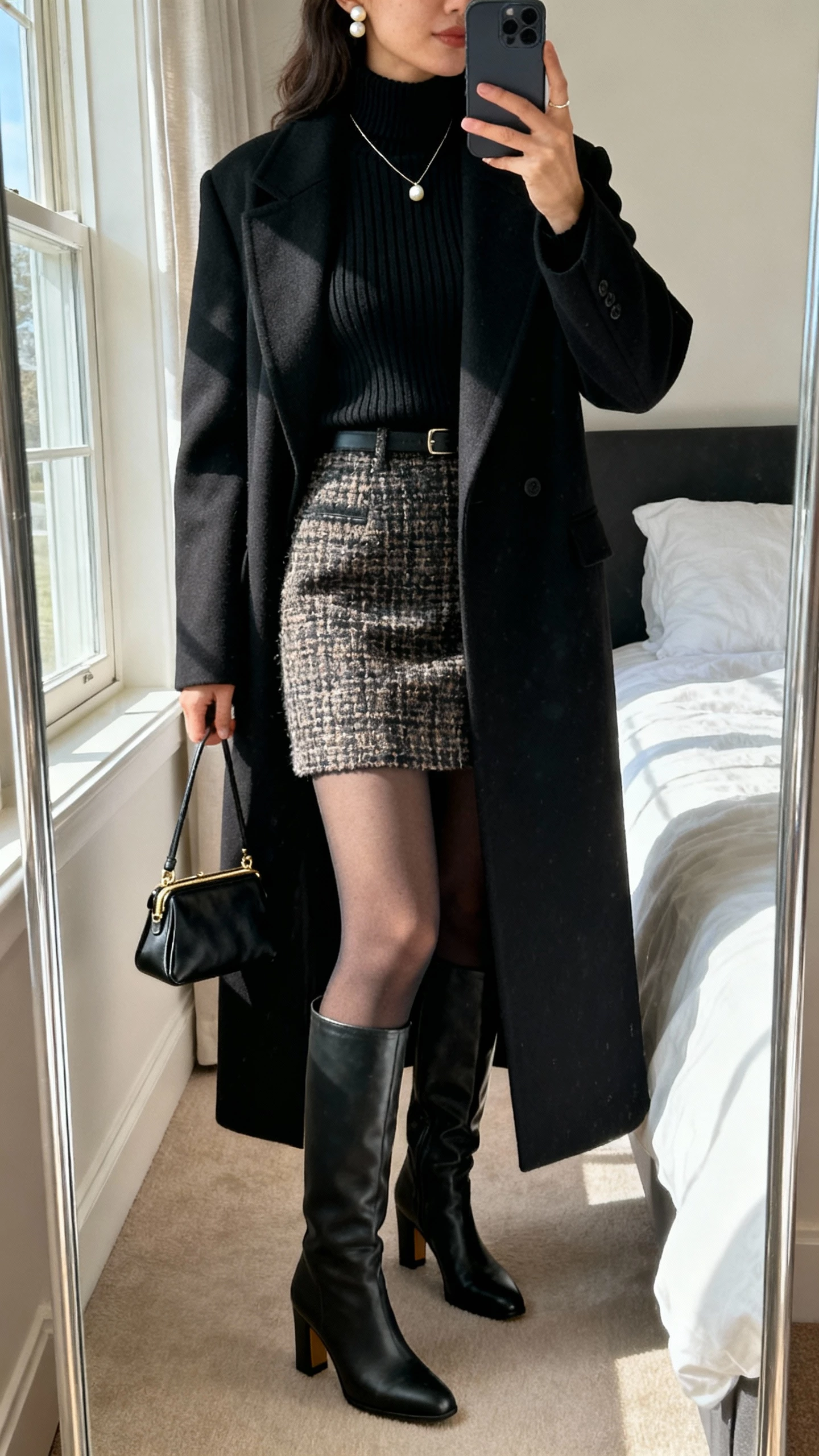 iPhone mirror selfie of a woman wearing a black ribbed turtleneck tucked into a tweed mini skirt, over-the-knee boots with a stable heel, opaque tights, long tailored coat, mini baguette bag, pearl studs and delicate necklace, face not visible, bedroom mirror, morning window light, natural iPhone photo quality.
