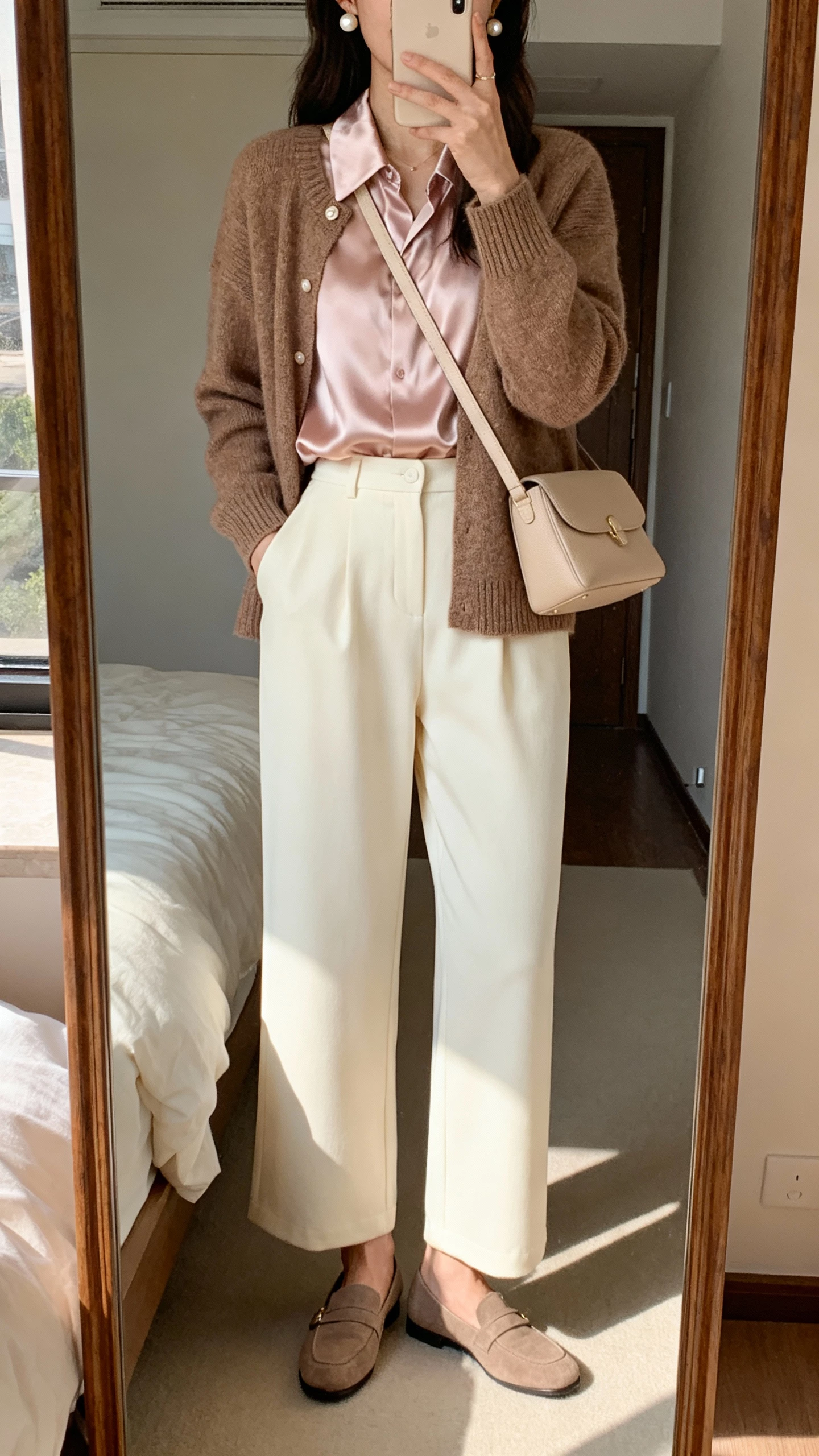 iPhone mirror selfie of a woman wearing a blush satin blouse, cocoa knit cardigan, cream wide-leg trousers, taupe loafers, pearl studs, soft beige crossbody, face not visible, bedroom mirror with diffused afternoon light, natural iPhone quality