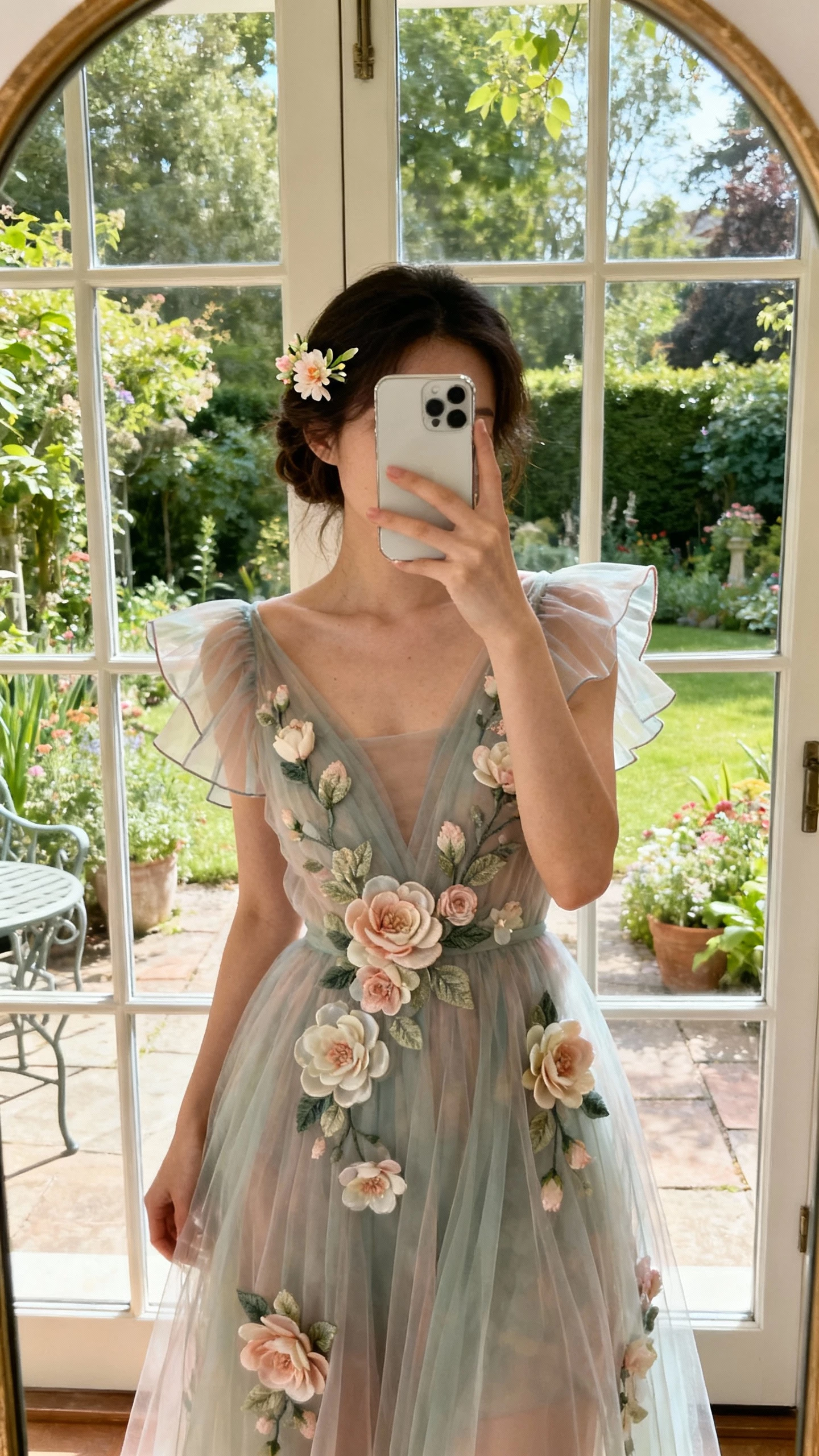 iPhone mirror selfie of a woman wearing a boho tulle gown with flutter sleeves and 3D floral appliqués, dainty floral hairpin, face not visible, garden patio door mirror, soft afternoon window light, natural iPhone photo quality