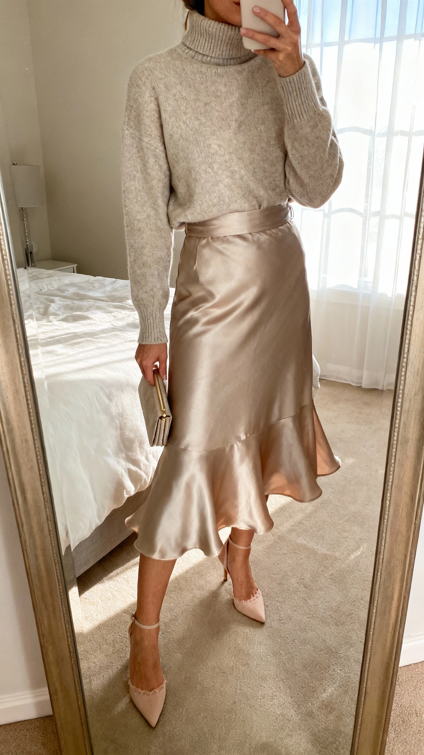 iPhone mirror selfie of a woman wearing a cashmere turtleneck tucked into a satin midi skirt that swishes, with delicate heels and a small clutch, face not visible, cropped at neck, bedroom mirror with soft window light, natural iPhone photo quality.