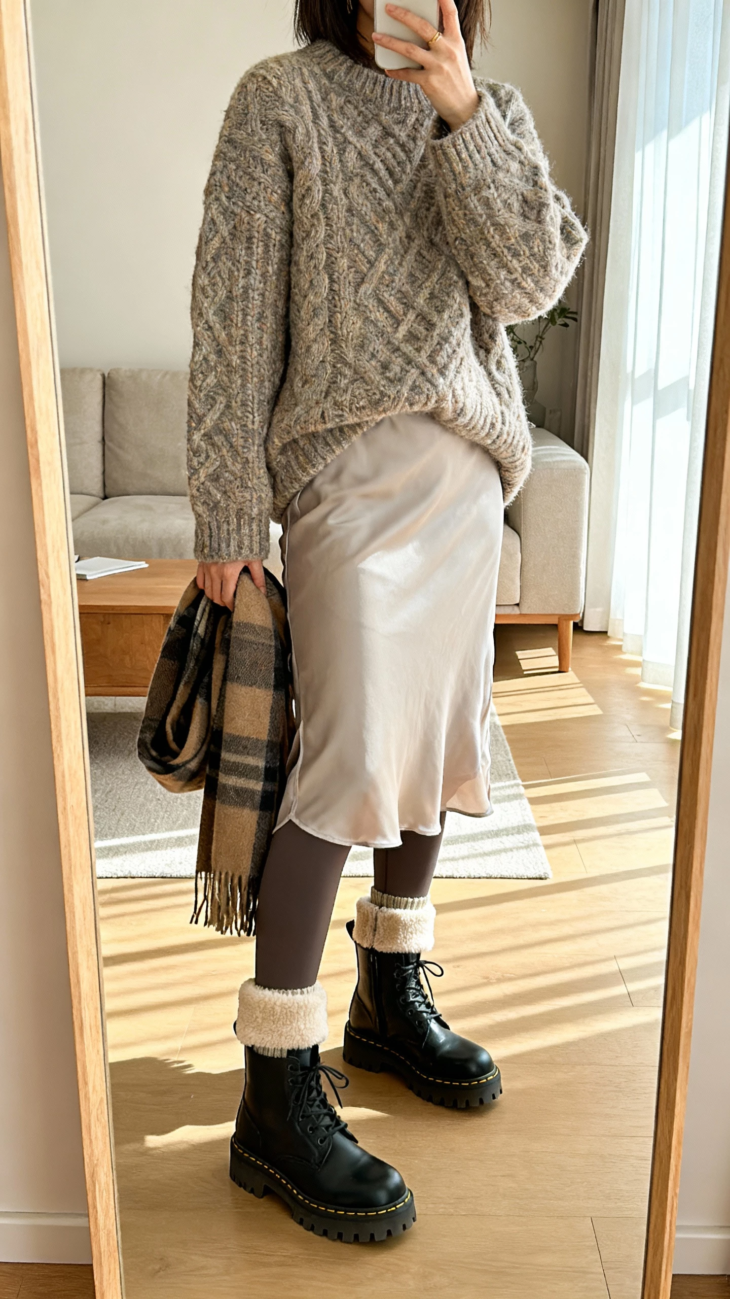 iPhone mirror selfie of a woman wearing a chunky cardigan over a slip skirt with fleece-lined tights, lug-sole ankle boots, wool socks peeking, scarf in hand, face not visible, living room full-length mirror, soft afternoon window light, natural iPhone quality.