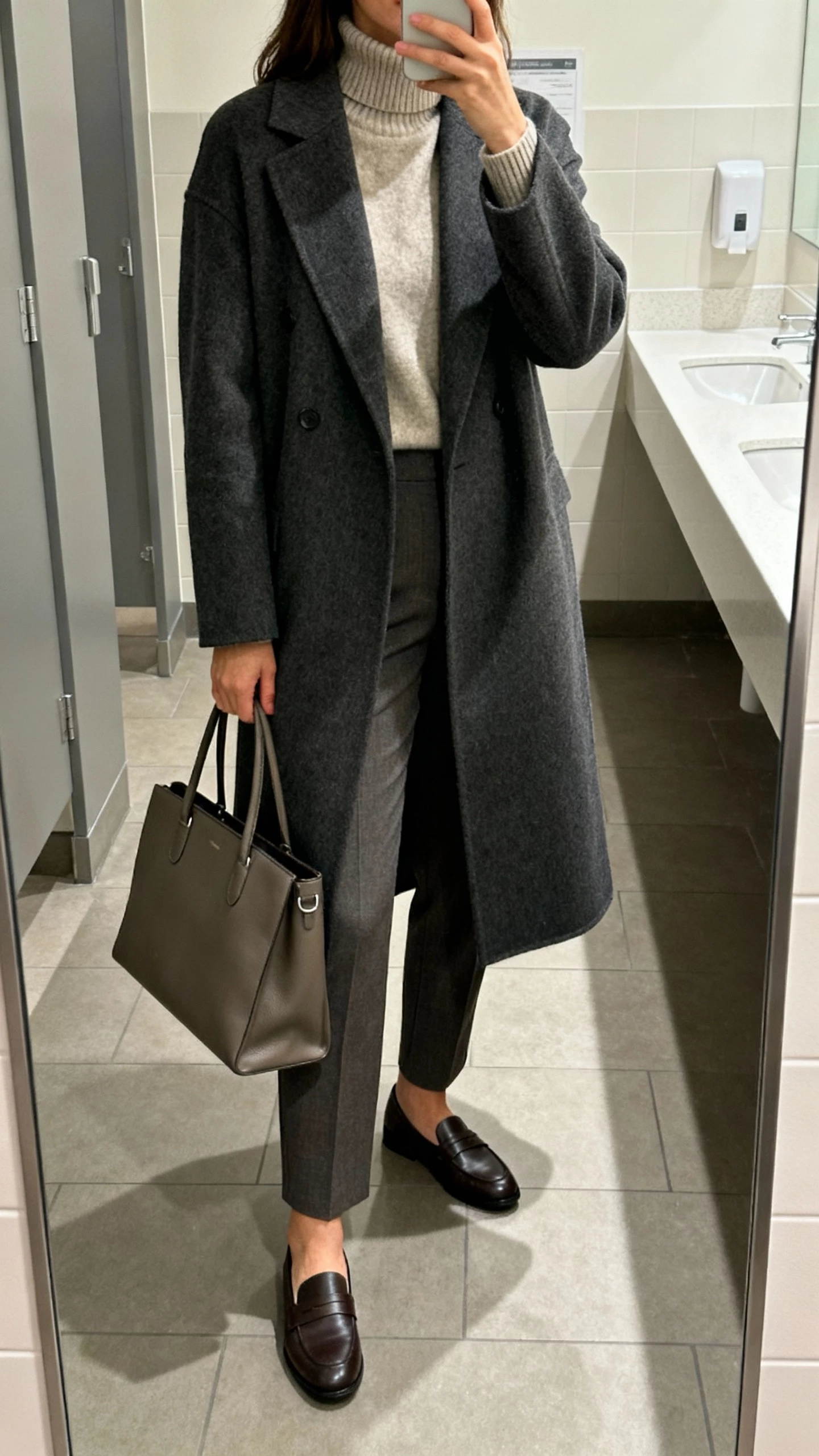 iPhone mirror selfie of a woman wearing a classic long coat over a cashmere turtleneck and tailored trousers with loafers and a structured tote, face not visible, office restroom mirror, morning natural light, iPhone photo quality.