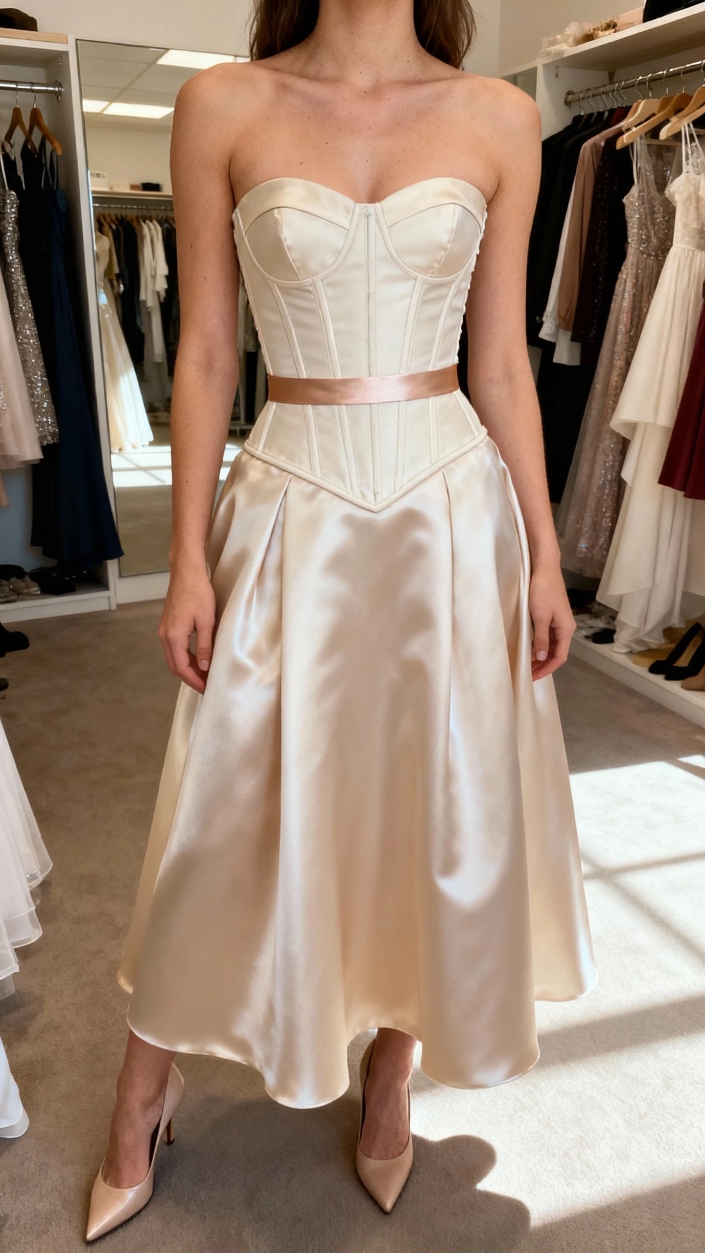 iPhone mirror selfie of a woman wearing a clean strapless basque-waist gown with structured support, smooth satin skirt, thin satin belt, and classic pumps, face not visible, cropped at neck, bright dressing room lighting, natural iPhone photo quality.