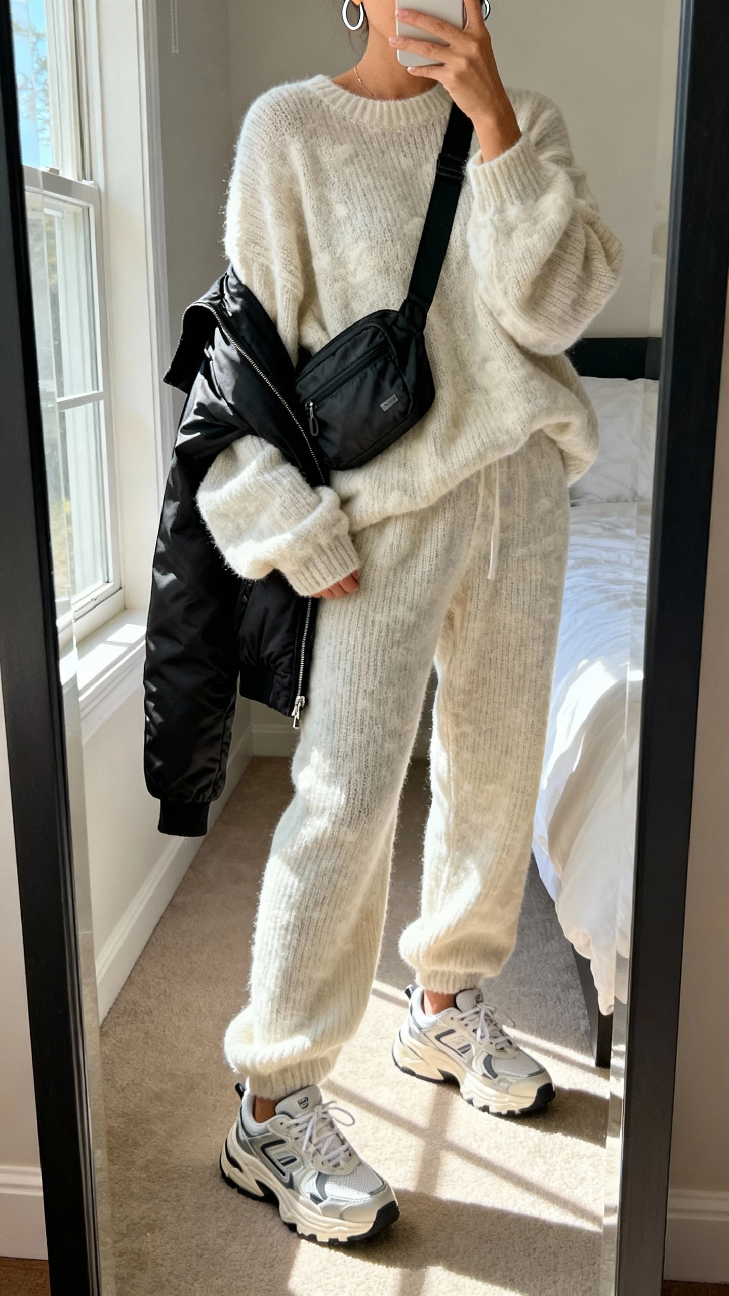 iPhone mirror selfie of a woman wearing a cloud-soft knit set (slouchy sweater and matching knit pants) with a street-chic edge: chunky dad sneakers, a black bomber jacket tossed over shoulders, crossbody nylon bag, minimal silver hoops, face not visible, cropped at neck, bedroom mirror with morning window light, natural iPhone photo quality