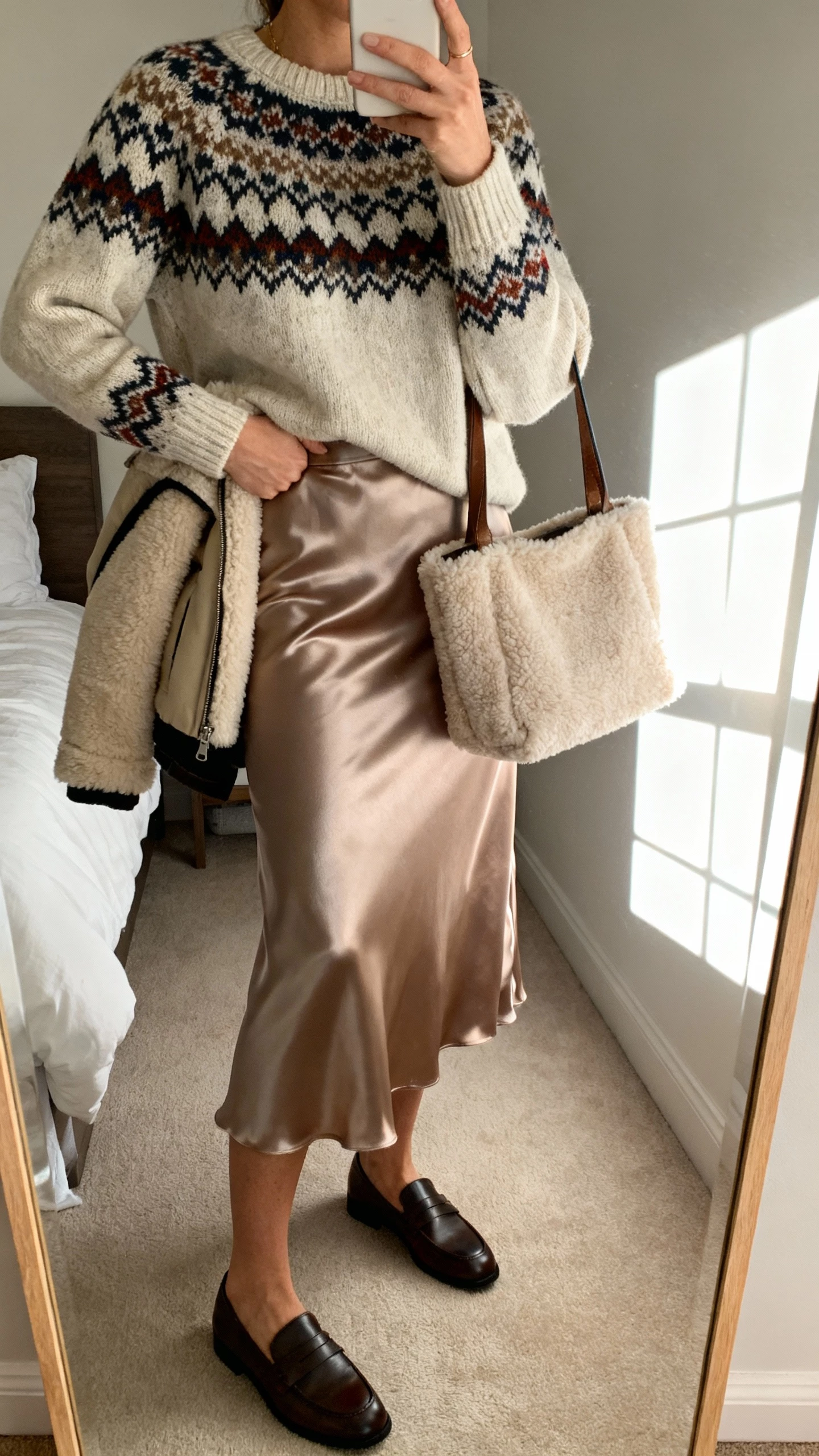 iPhone mirror selfie of a woman wearing a Fair Isle sweater with a satin midi skirt and shearling details (shearling jacket or bag), plus loafers, face not visible, bedroom mirror with morning window light, natural iPhone photo.