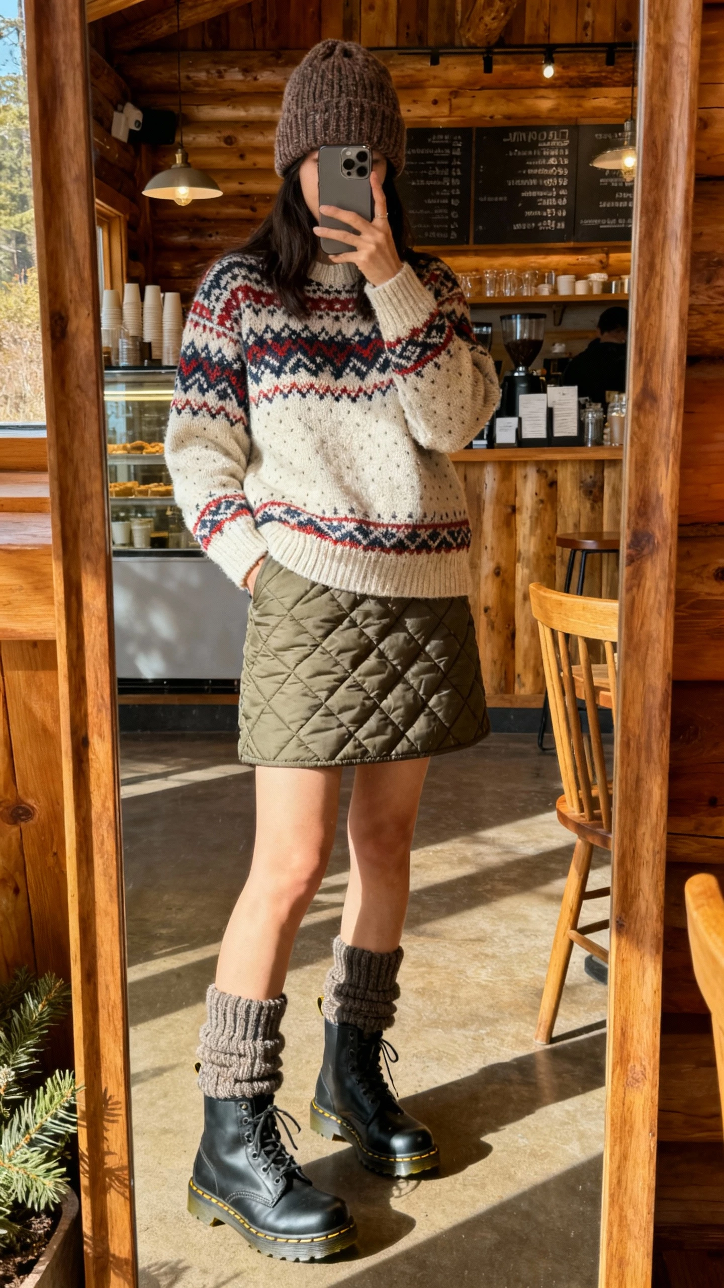iPhone mirror selfie of a woman wearing a Fair Isle sweater, quilted skirt, thick hiking socks peeking above Doc Martens, knit beanie, face not visible, cabin-style cafe mirror, warm afternoon light, natural iPhone photo quality.