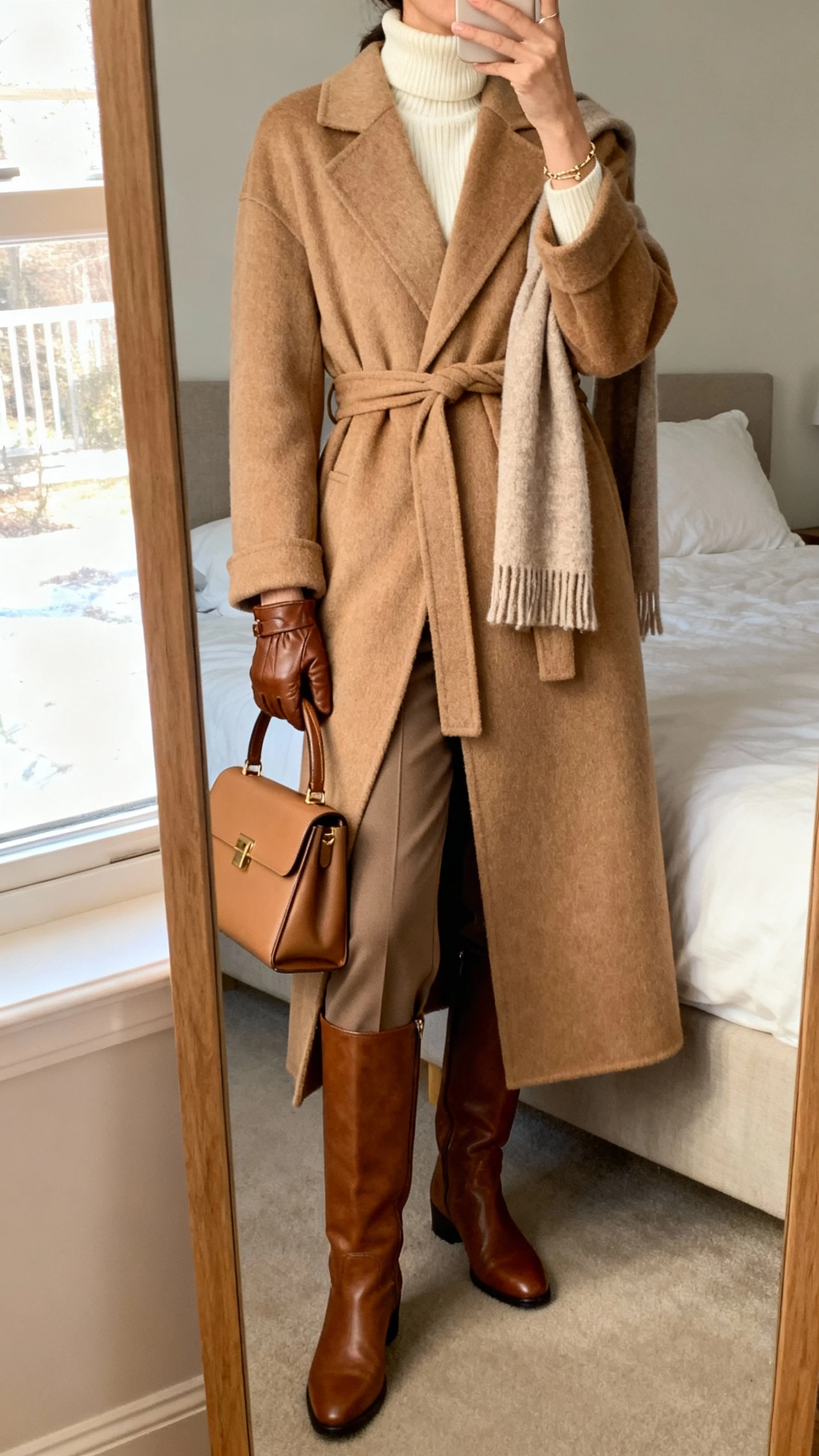 iPhone mirror selfie of a woman wearing a long belted wool wrap coat in camel over a cream turtleneck knit, tailored trousers, knee-high leather boots, structured top-handle bag, leather gloves, cashmere scarf, minimal jewelry, face not visible, cropped at neck, bedroom mirror, soft window light, natural iPhone photo quality.