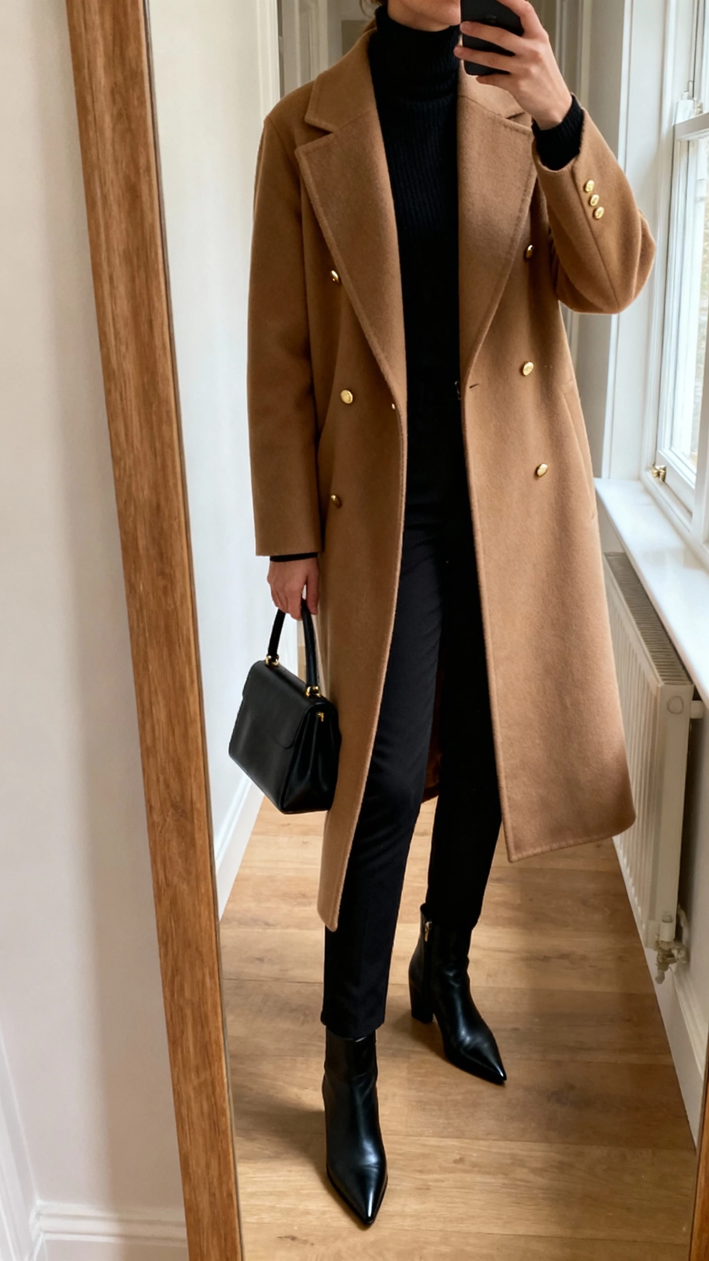 iPhone mirror selfie of a woman wearing a long camel coat over a black turtleneck, slim black trousers, pointed black ankle boots, structured tote, minimal gold studs, face not visible, cropped at neck, hallway mirror with morning window light, natural iPhone photo quality.