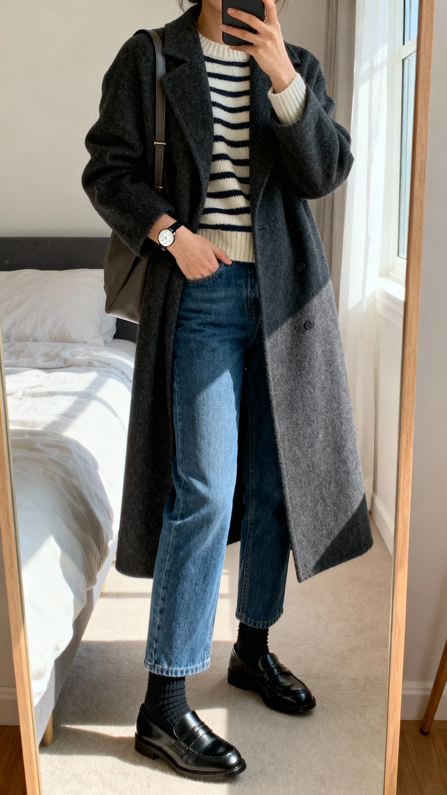 iPhone mirror selfie of a woman wearing a long charcoal wool coat over a striped knit, straight-leg blue denim, black leather loafers with socks, simple watch and shoulder bag, face not visible, bedroom full-length mirror with window light, natural iPhone photo quality