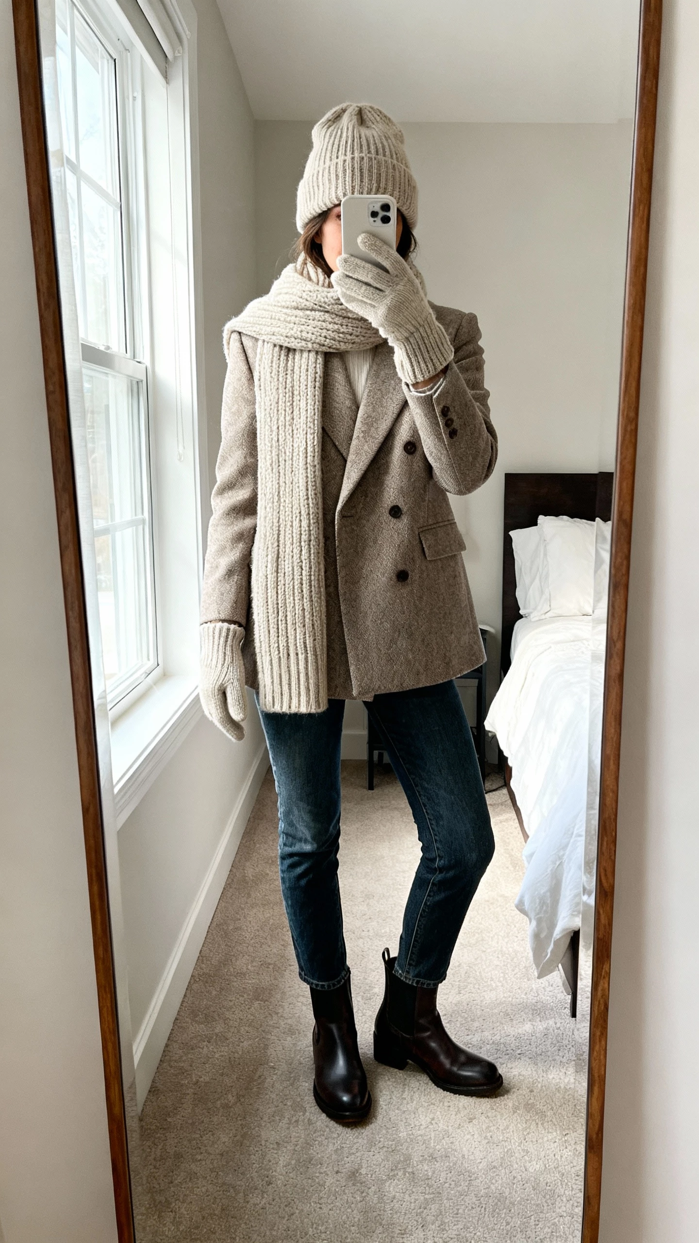 iPhone mirror selfie of a woman wearing a matching knit set—scarf, gloves, and hat—with a tailored coat, straight jeans, Chelsea boots, face not visible, bedroom mirror, bright window light, natural iPhone aesthetic.