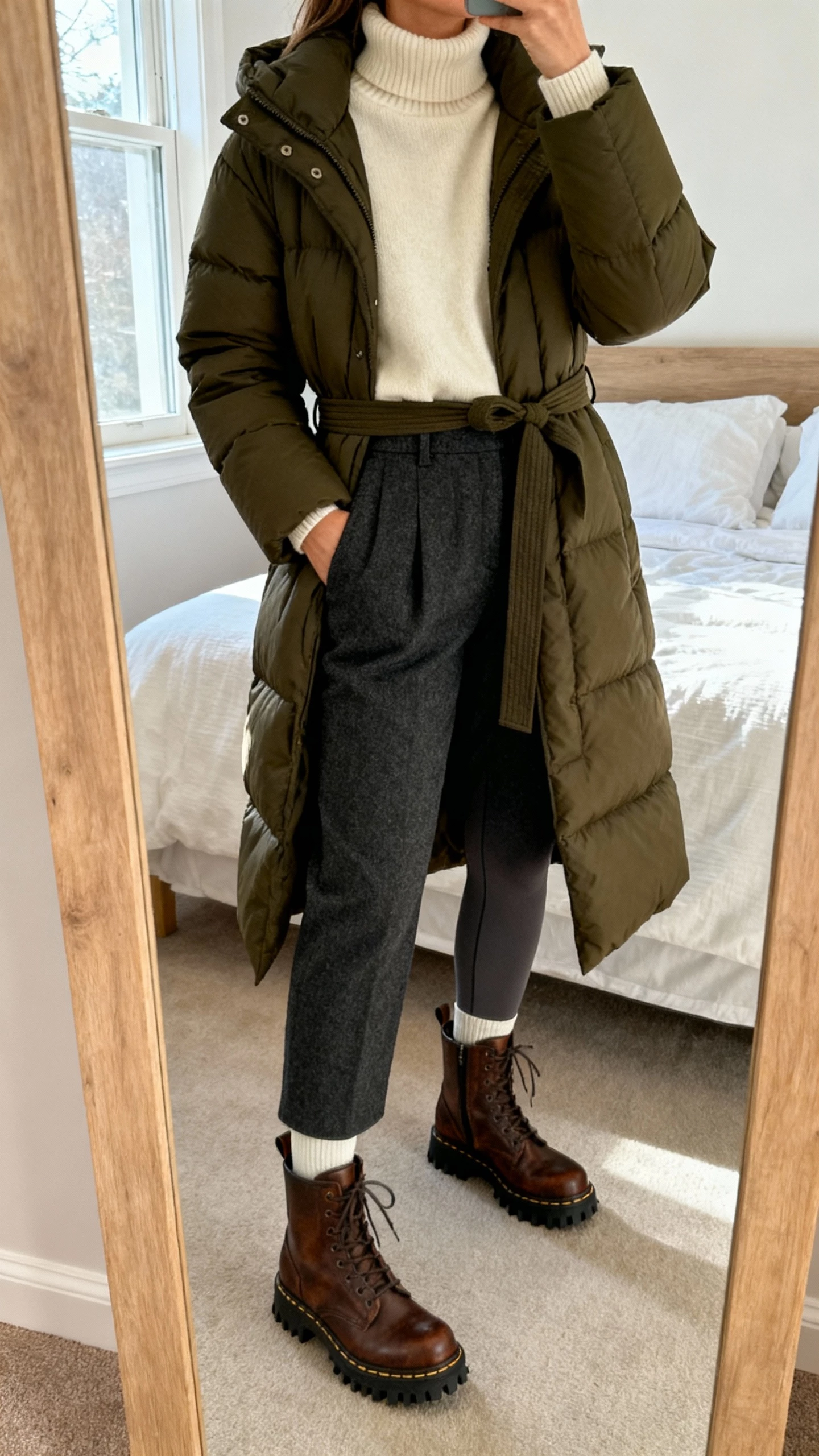 iPhone mirror selfie of a woman wearing a mid-length belted puffer coat in deep olive over a cream merino turtleneck, high-waisted charcoal wool trousers, water-resistant lug-sole leather boots, and thermal base layer leggings; face not visible, cropped at neck, bedroom full-length mirror, natural window light, natural iPhone photo quality.
