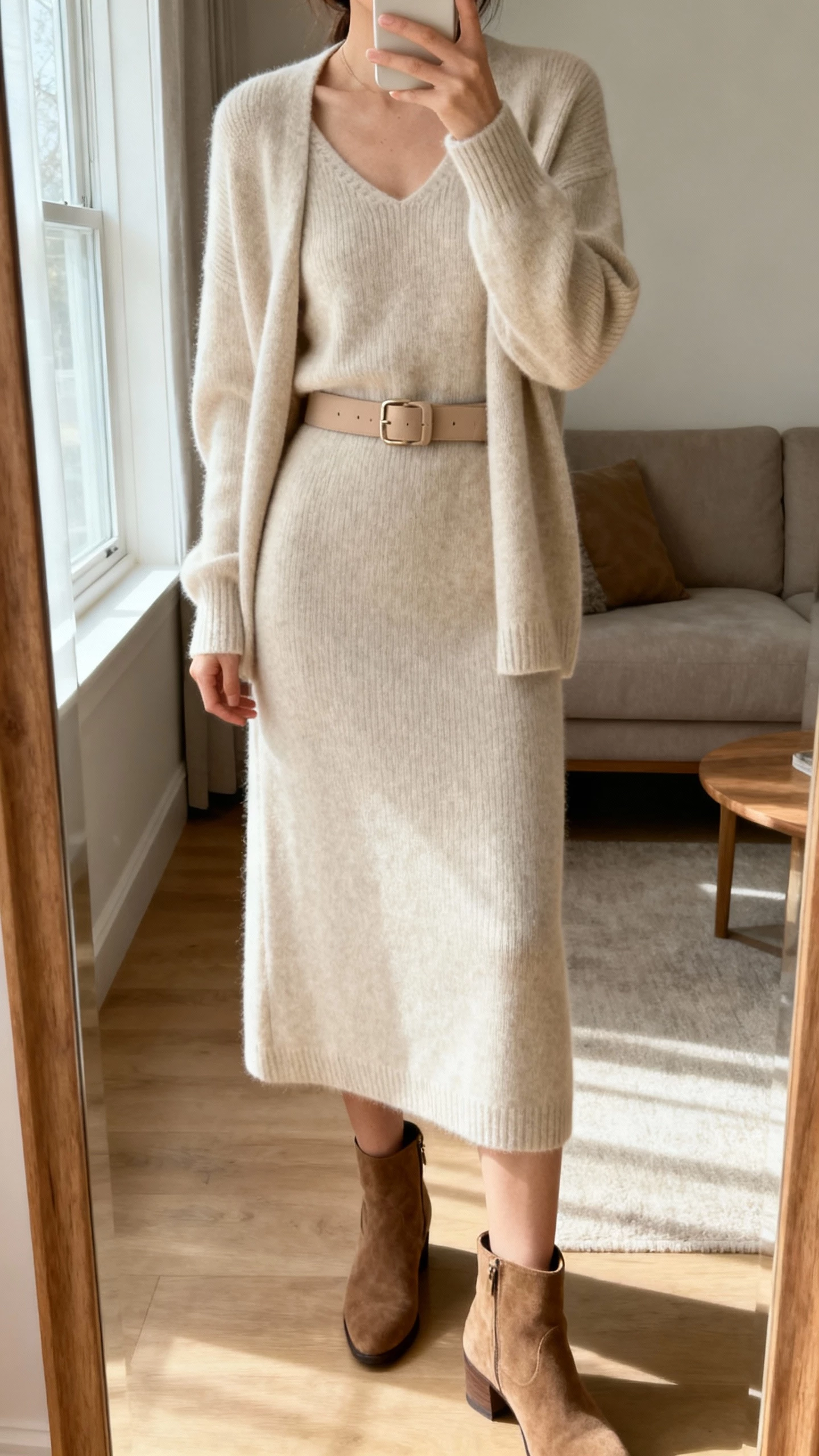 iPhone mirror selfie of a woman wearing a monochrome merino dress set (knit dress with matching cardigan), tonal belt, suede ankle boots, face not visible, cropped at neck, living room mirror with soft window light, natural iPhone photo.