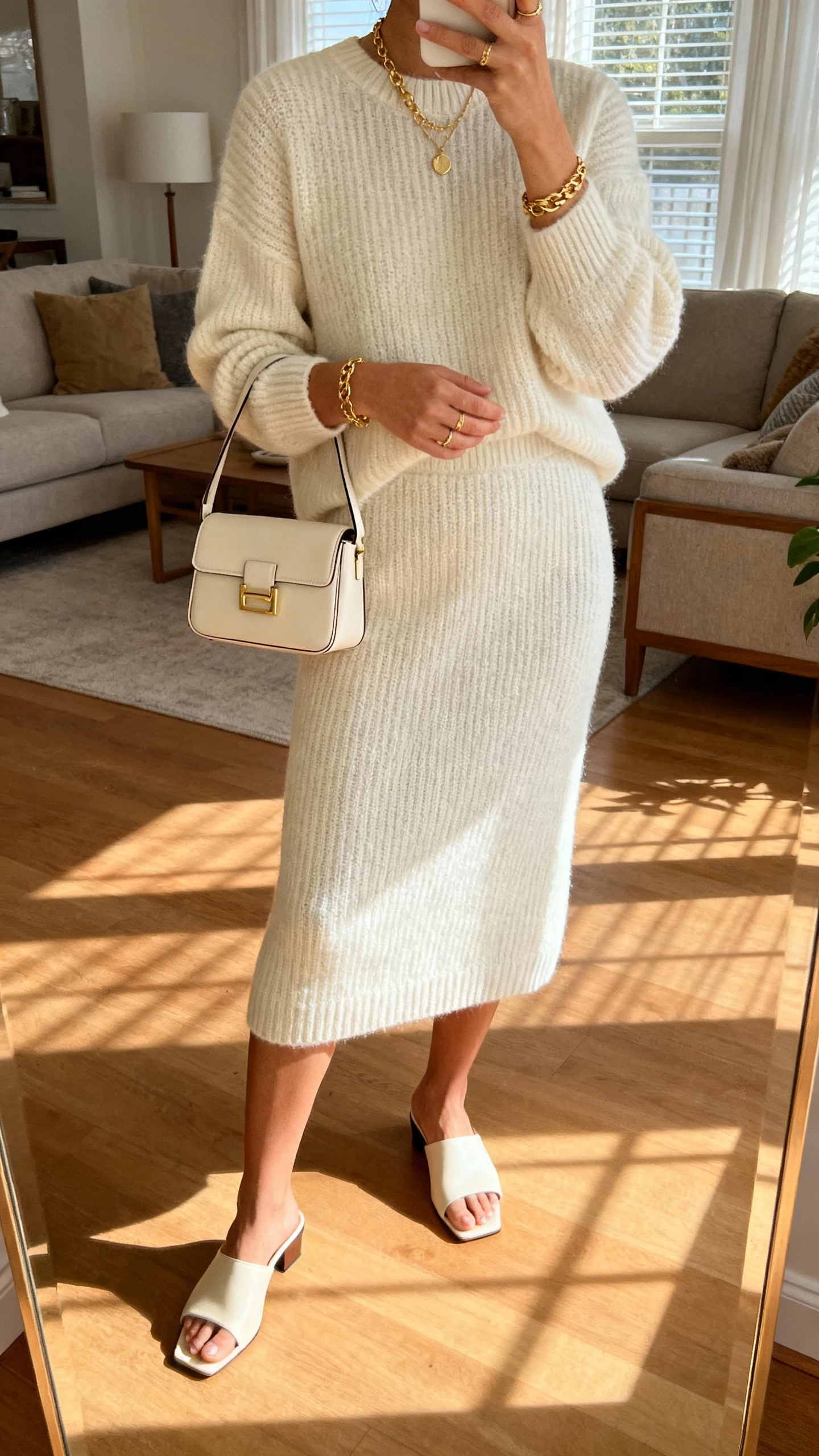 iPhone mirror selfie of a woman wearing a monochrome knit set (matching sweater and knit skirt) with sleek mules, subtle gold jewelry and a structured mini bag, face not visible, living room mirror, gentle afternoon window light, natural iPhone aesthetic