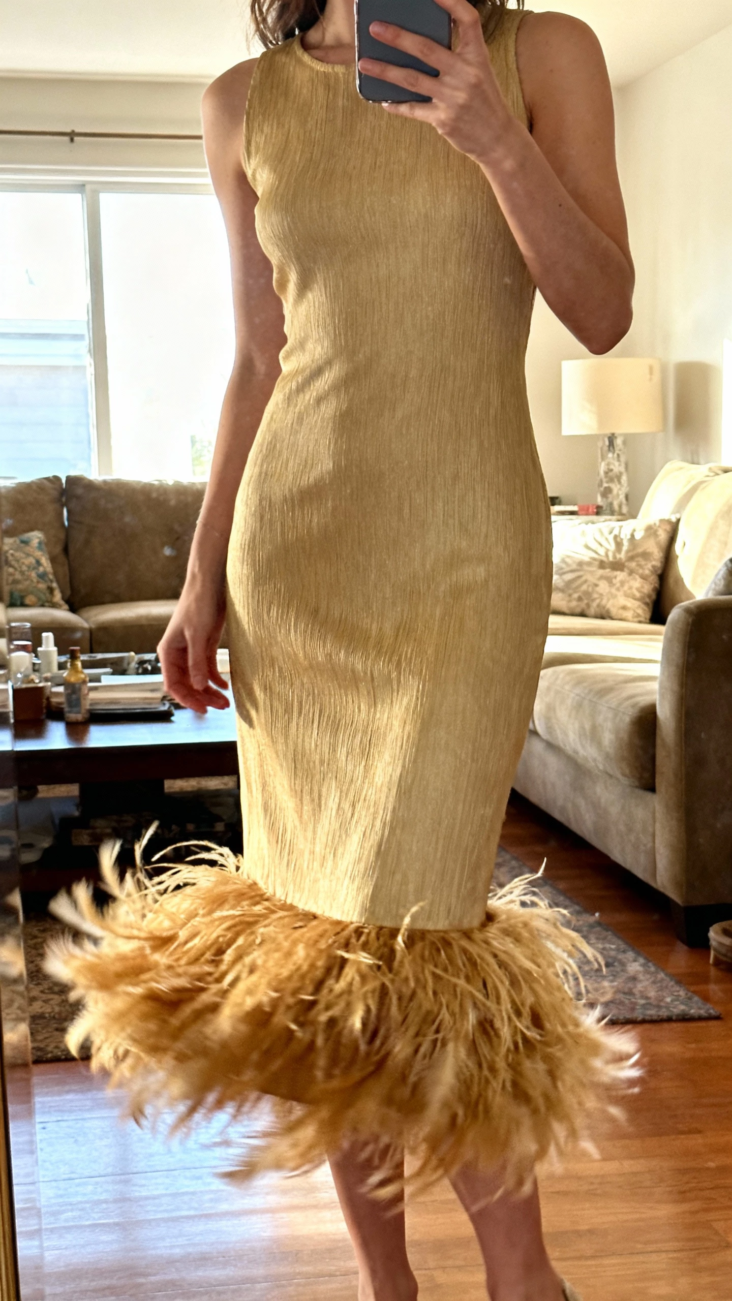 iPhone mirror selfie of a woman wearing a plume-trim column dress with a detachable party skirt, feathered hem swishing, face not visible, living room mirror, soft morning light, casual iPhone photo quality