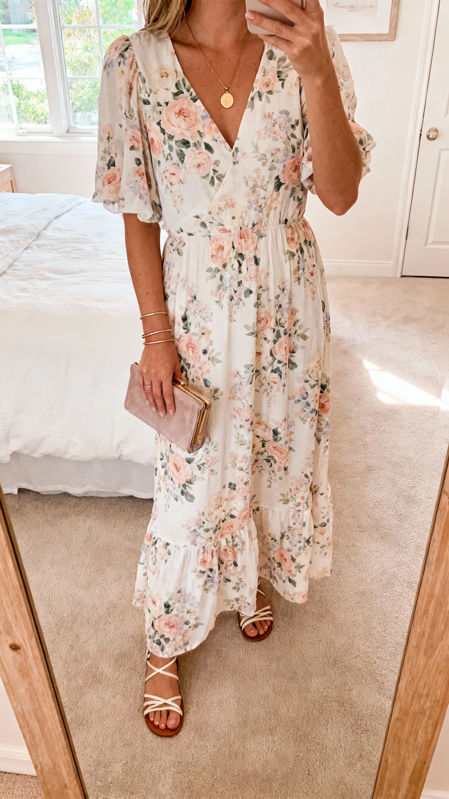 iPhone mirror selfie of a woman wearing a romantic floral maxi dress with soft pastel blooms, strappy sandals, delicate gold pendant and thin bangles, holding a small clutch, face not visible, cropped at neck, bedroom mirror with morning window light, natural iPhone photo quality