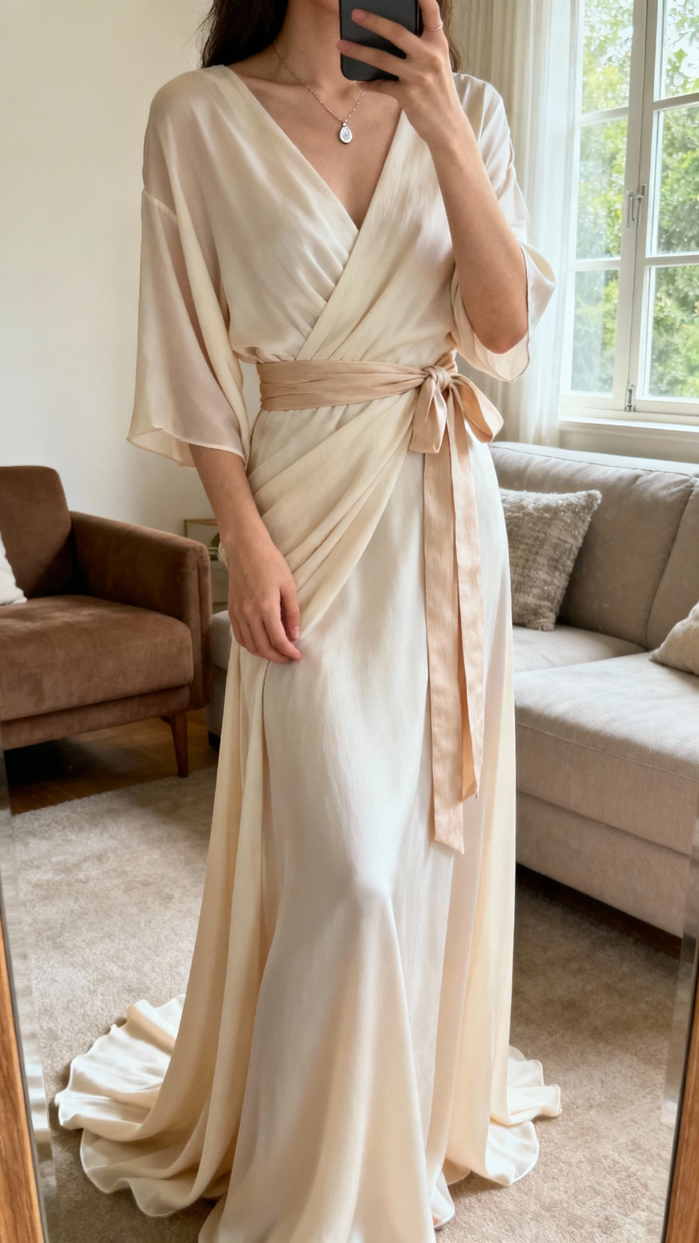 iPhone mirror selfie of a woman wearing a romantic wrap-style gown with a sash tie and soft train, delicate pendant necklace, face not visible, cozy living room mirror, gentle window light, natural iPhone photo quality