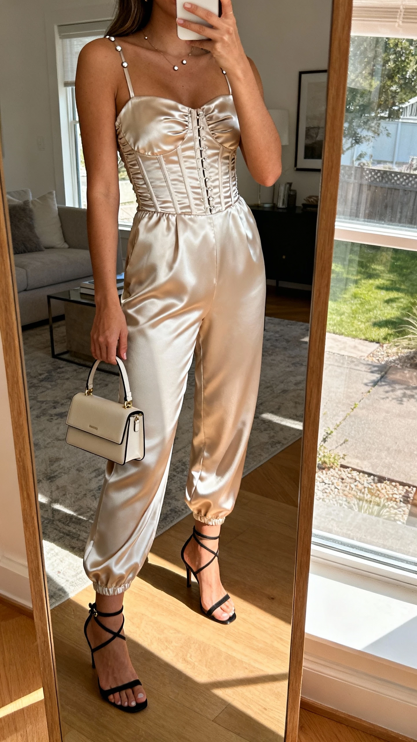 iPhone mirror selfie of a woman wearing a satin-back crepe jumpsuit with corset detailing, ankle-strap heels, structured mini bag, simple studs, face not visible, chic apartment mirror, afternoon window light, natural iPhone photo quality