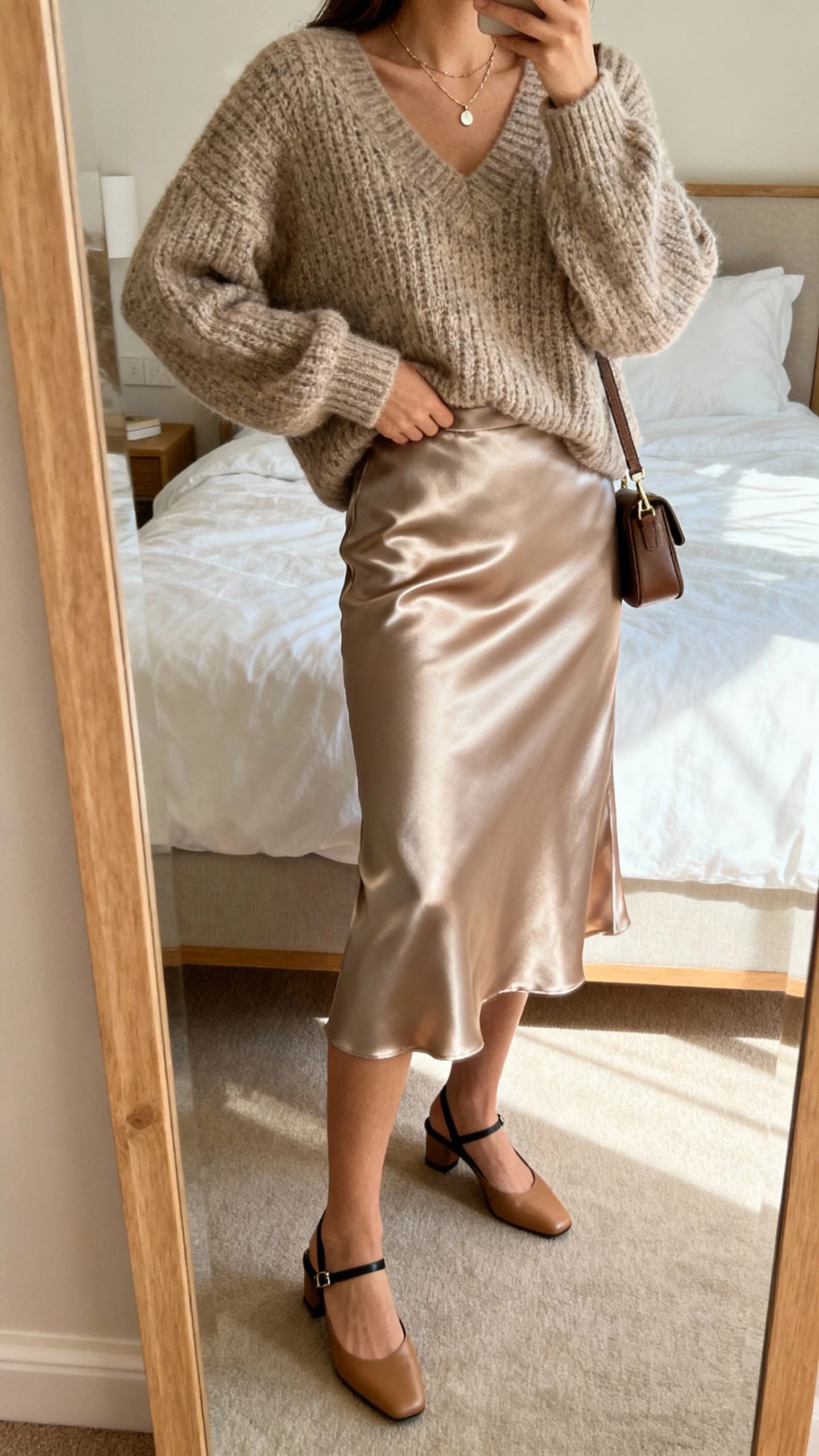 iPhone mirror selfie of a woman wearing a satin midi skirt, chunky sweater, slingback flats, delicate necklace, and a small shoulder bag, face not visible, bedroom mirror, soft morning light, natural iPhone quality.
