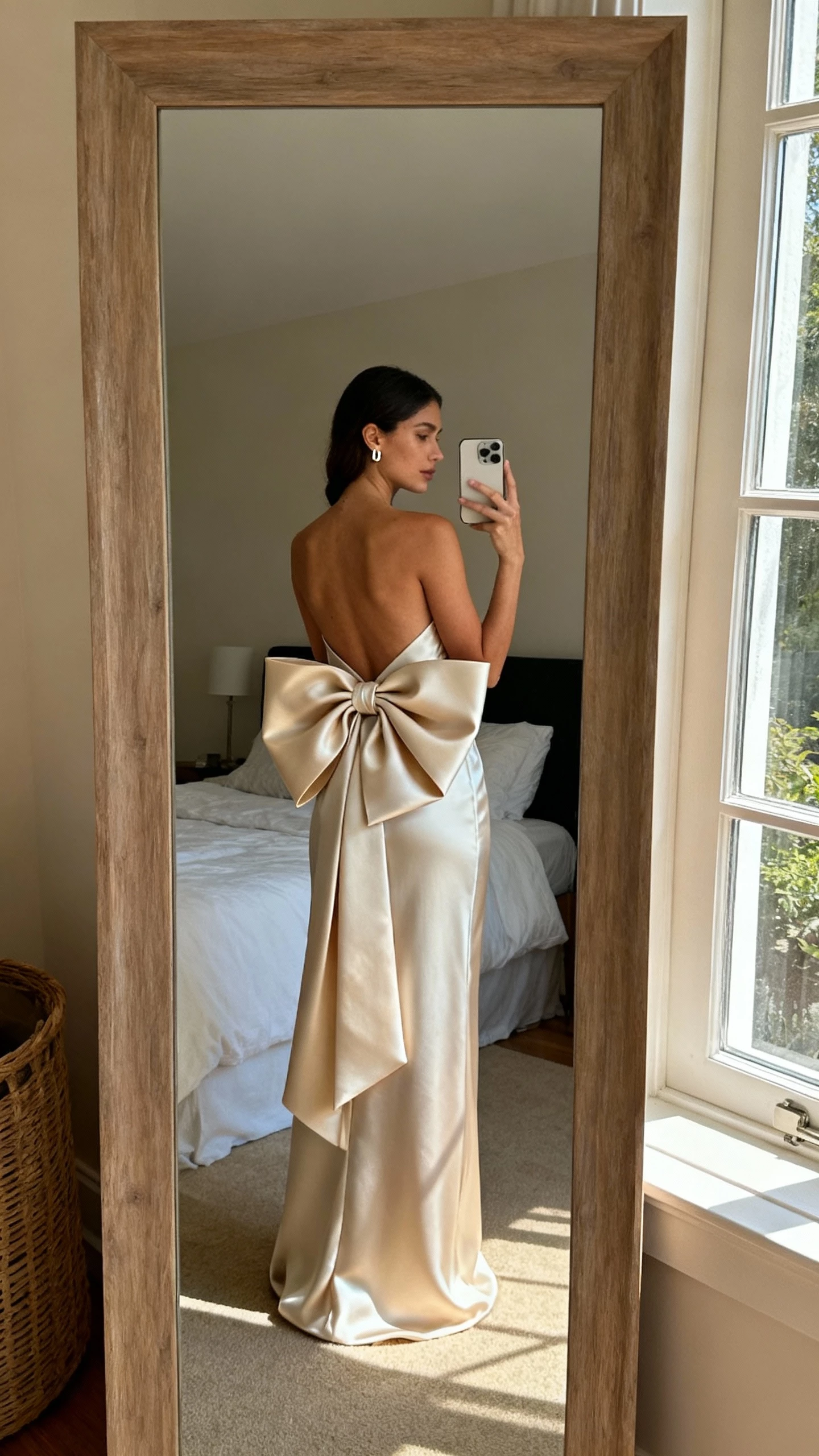 iPhone mirror selfie of a woman wearing a sculptural silk column gown with an oversized architectural bow at the back, minimal earrings, face not visible, bedroom full-length mirror, soft window light, natural iPhone photo quality