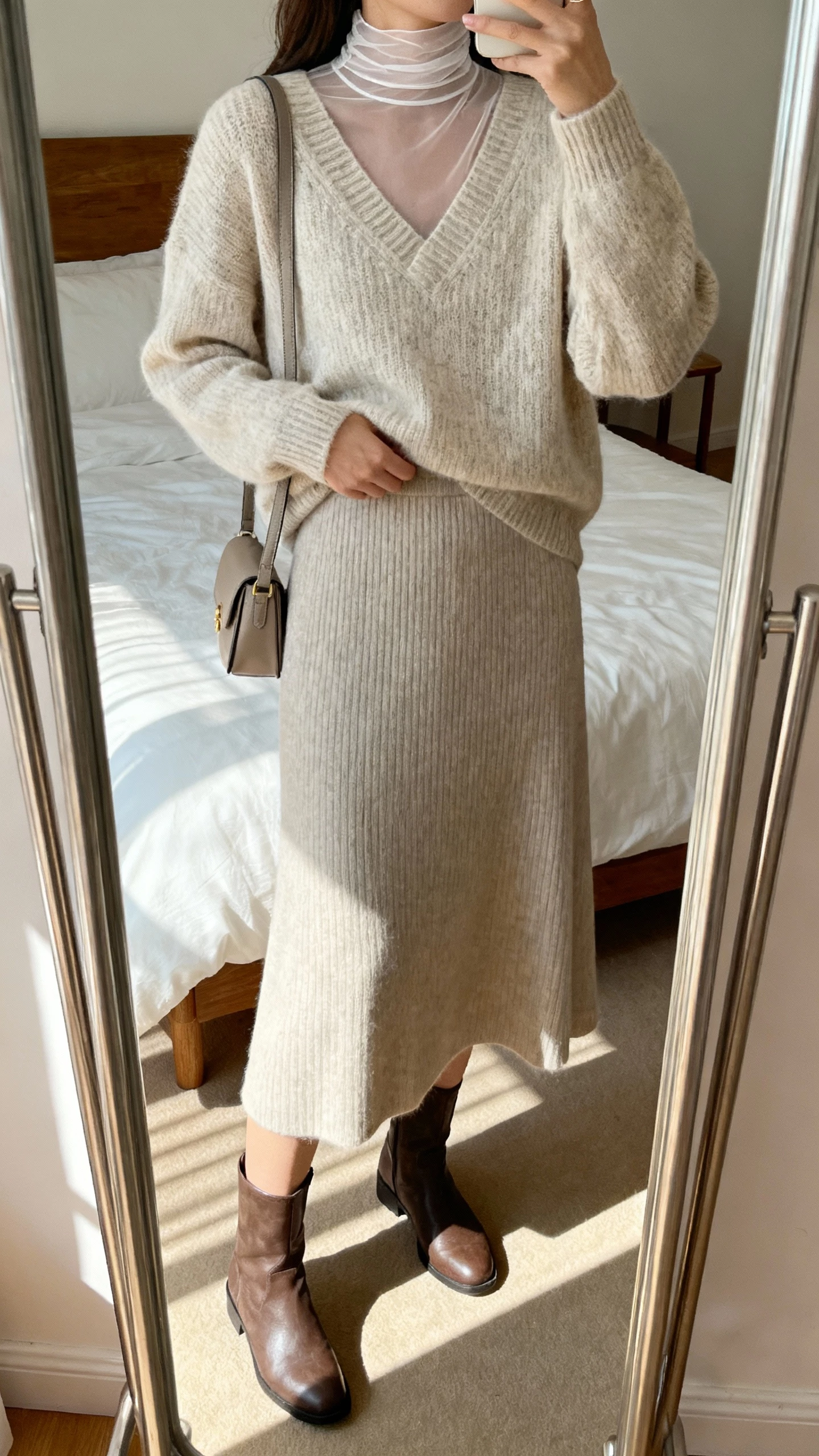 iPhone mirror selfie of a woman wearing a sheer mock-neck top under a V-neck knit sweater with a midi skirt, knee boots, and a small shoulder bag, face not visible, cropped at neck, bedroom mirror, soft afternoon light, natural iPhone aesthetic.