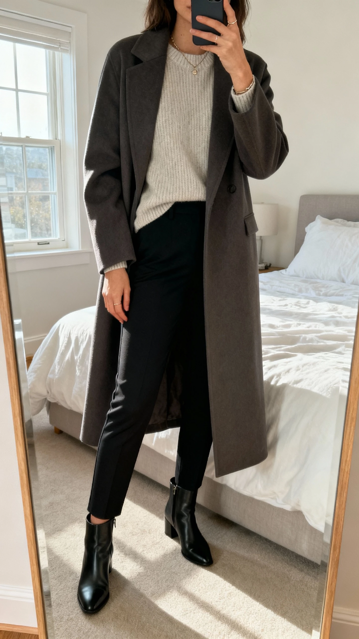 iPhone mirror selfie of a woman wearing a streamlined long coat over a monochrome base (matching knit top and slim trousers), sleek ankle boots, minimal jewelry, face not visible, bedroom mirror, natural window light, natural iPhone photo quality.