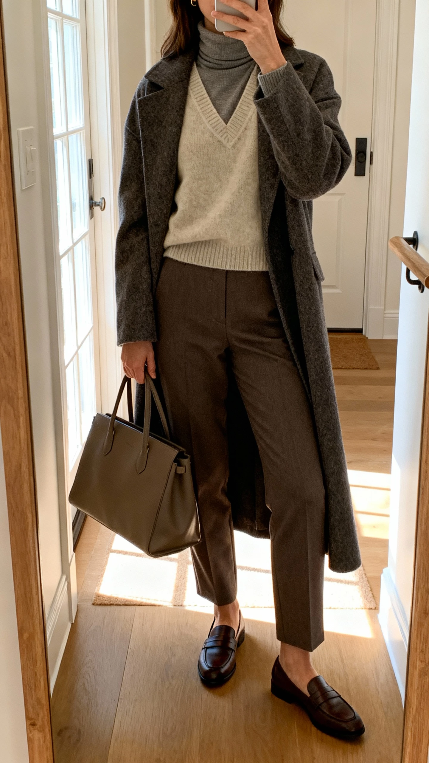 iPhone mirror selfie of a woman wearing a turtleneck under a V-neck sweater with a long wool coat layered on top, tailored trousers, loafers, structured tote, face not visible, entryway mirror, morning window light, natural iPhone photo.