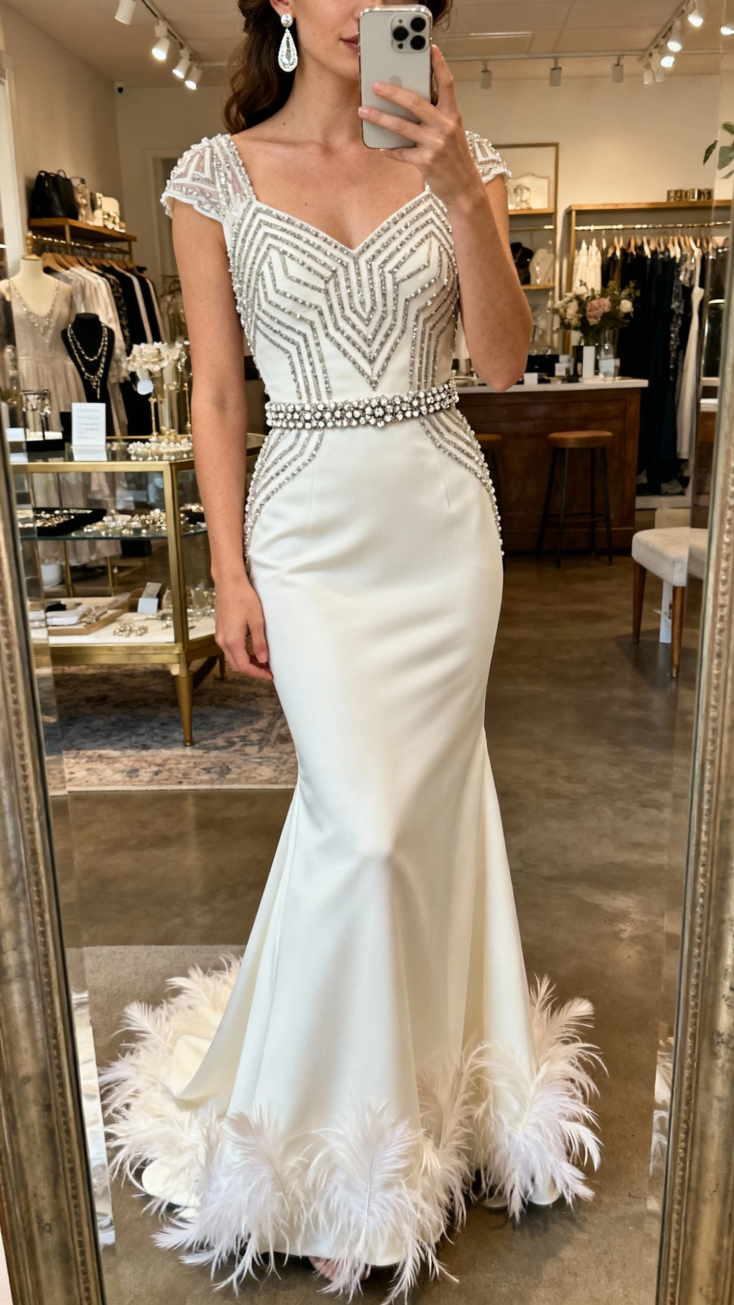 iPhone mirror selfie of a woman wearing a vintage-inspired mermaid wedding dress with Art Deco beading, subtle feather accents at the hem, and a beaded belt, retro drop earrings, face not visible, boutique mirror, soft warm indoor light, natural iPhone photo quality