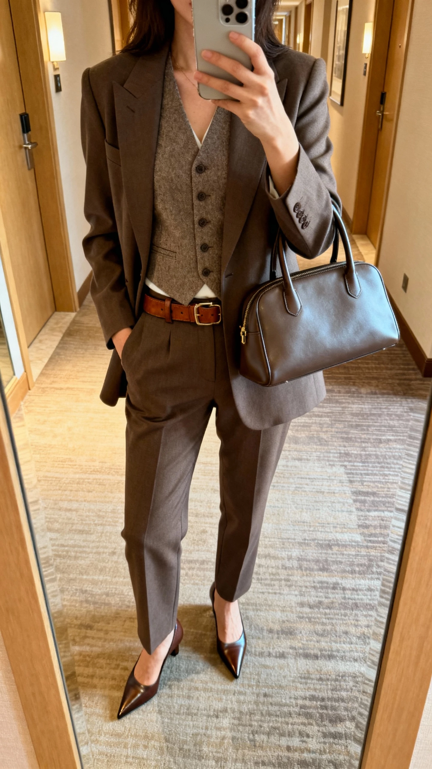 iPhone mirror selfie of a woman wearing a waistcoat layered under a blazer with matching suit trousers, leather belt, pointed-toe heels, and a sleek top-handle bag, face not visible, cropped at shoulders, hotel hallway mirror, warm indoor light, casual iPhone aesthetic.