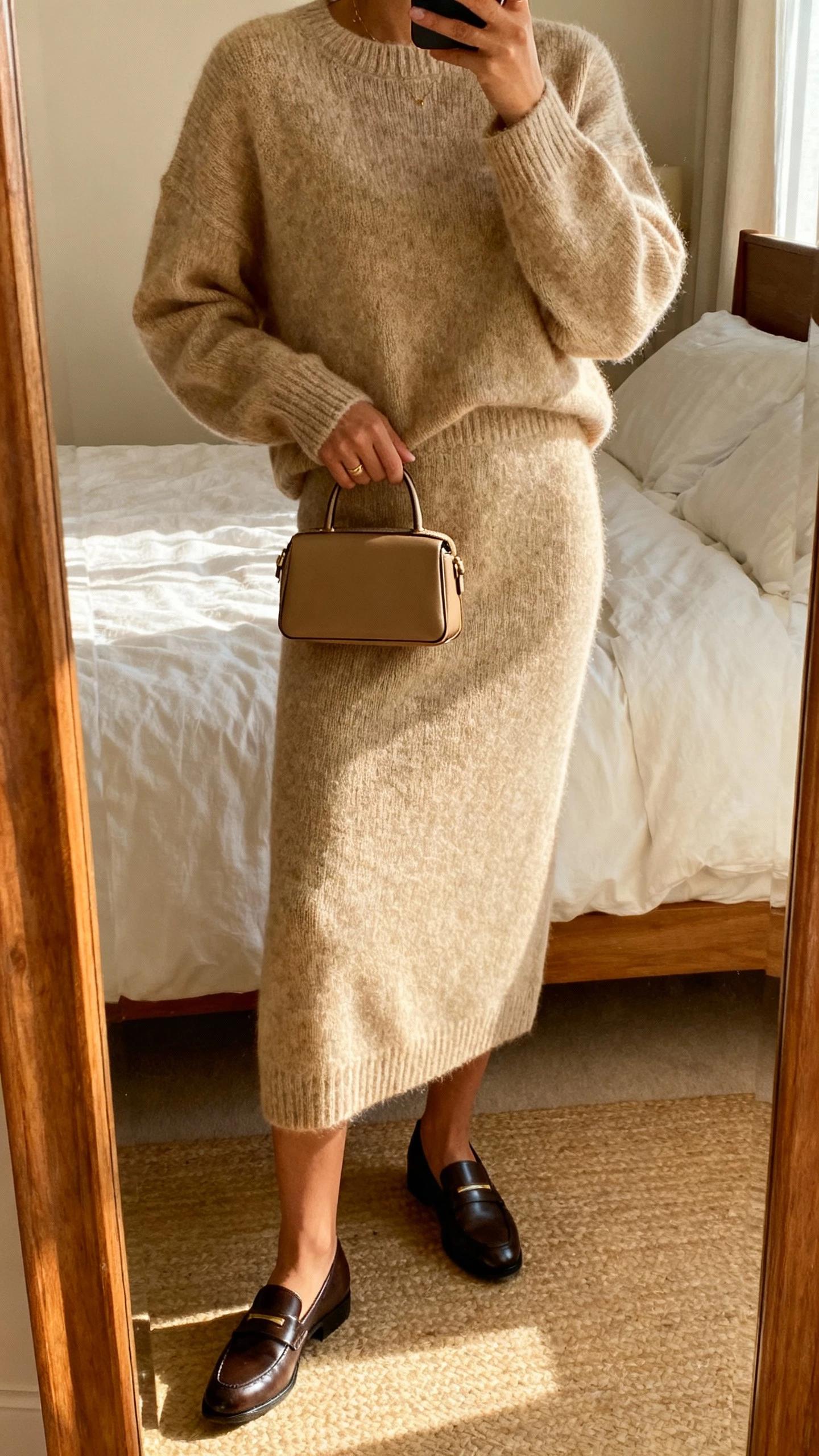 iPhone mirror selfie of a woman wearing an elevated knit set (matching sweater and knit midi skirt) with sleek loafers and a structured mini bag, face not visible, bedroom mirror, soft afternoon light, natural iPhone photo quality.