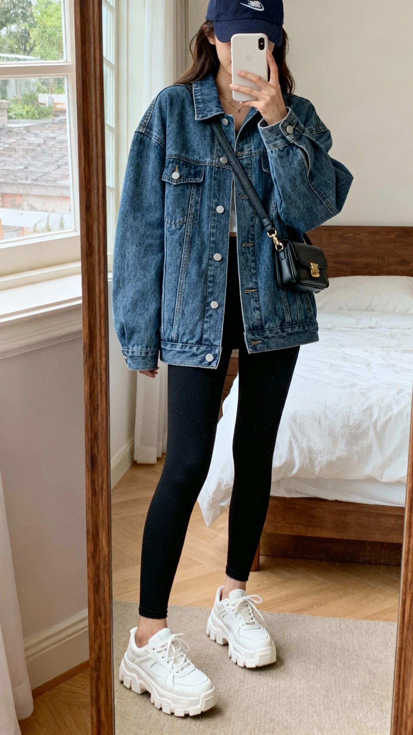 iPhone mirror selfie of a woman wearing an oversized denim jacket, black leggings, chunky white sneakers, baseball cap, small crossbody bag, face not visible, cropped at neck, bedroom full-length mirror, natural window light, natural iPhone photo quality